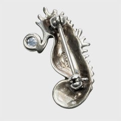 Sterling Silver Marcasite Seahorse Brooch with Pale Blue Rhinestone