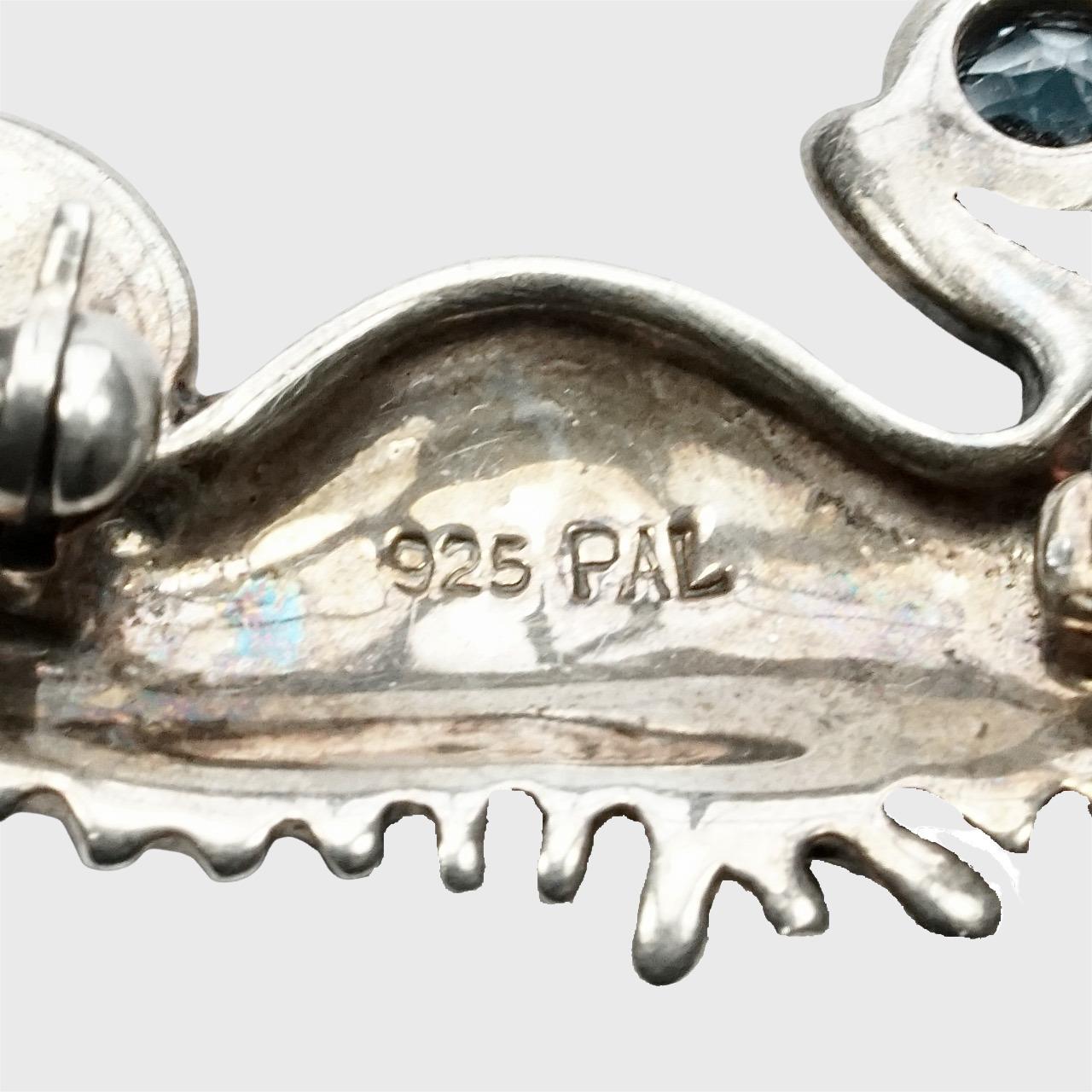 Round Cut Sterling Silver Marcasite Seahorse Brooch with Pale Blue Rhinestone For Sale