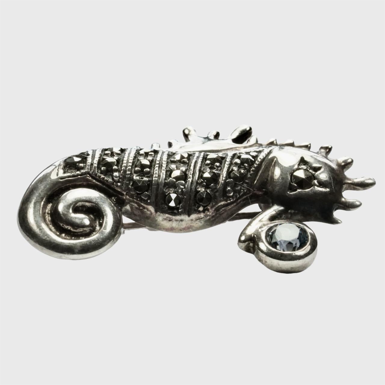 Women's or Men's Sterling Silver Marcasite Seahorse Brooch with Pale Blue Rhinestone For Sale
