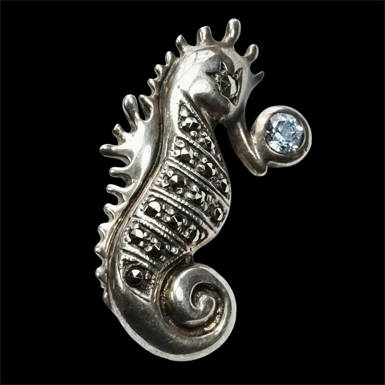 Sterling Silver Marcasite Seahorse Brooch with Pale Blue Rhinestone For Sale 1