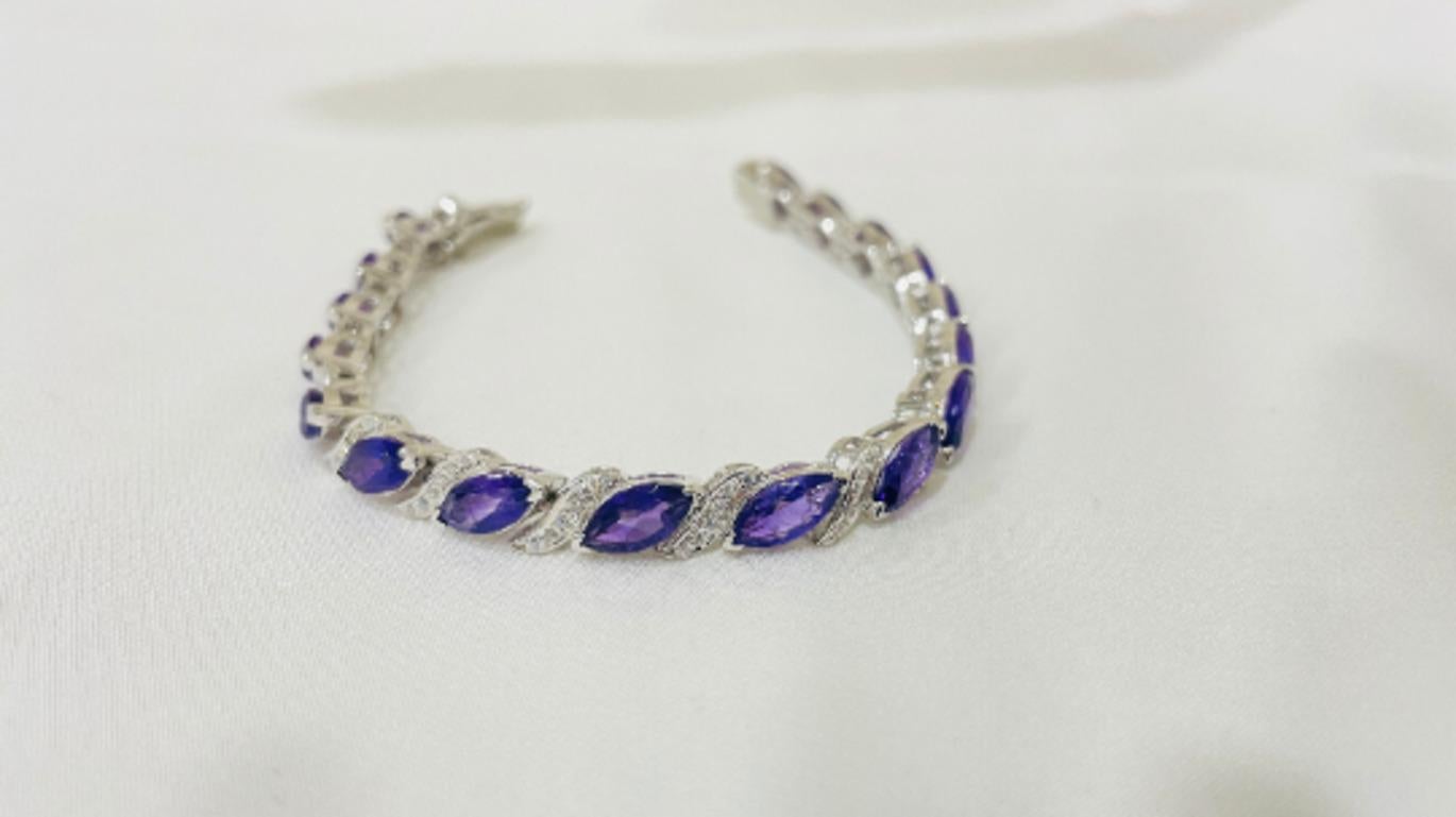 Art Nouveau Sterling Silver Marquise Cut Amethyst Bracelet Gift for Women For Sale
