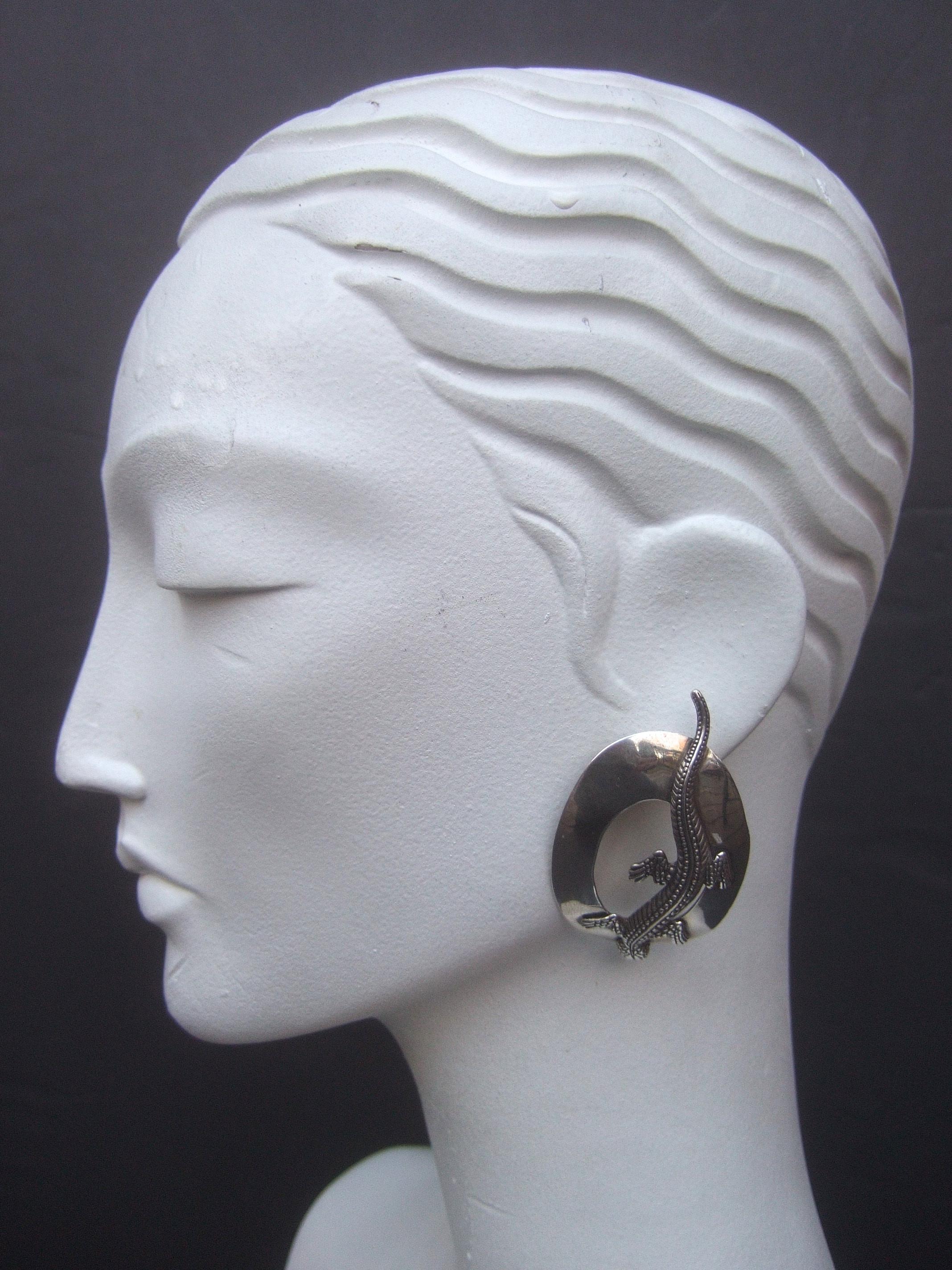 Sterling Silver Massive Figural Lizard Artisan Pierced Earrings c 1990 For Sale 11