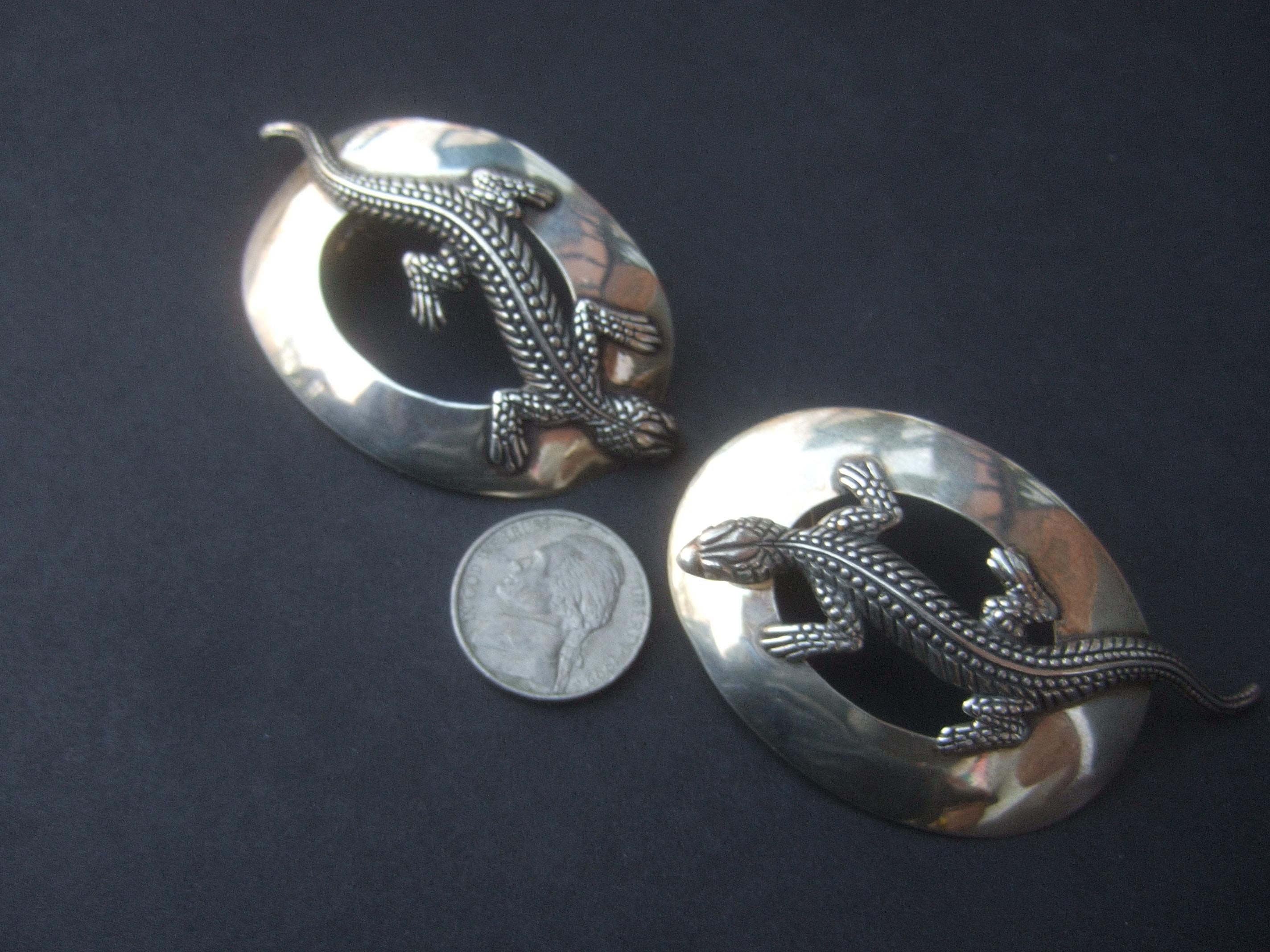 Sterling Silver Massive Figural Lizard Artisan Pierced Earrings c 1990 For Sale 15