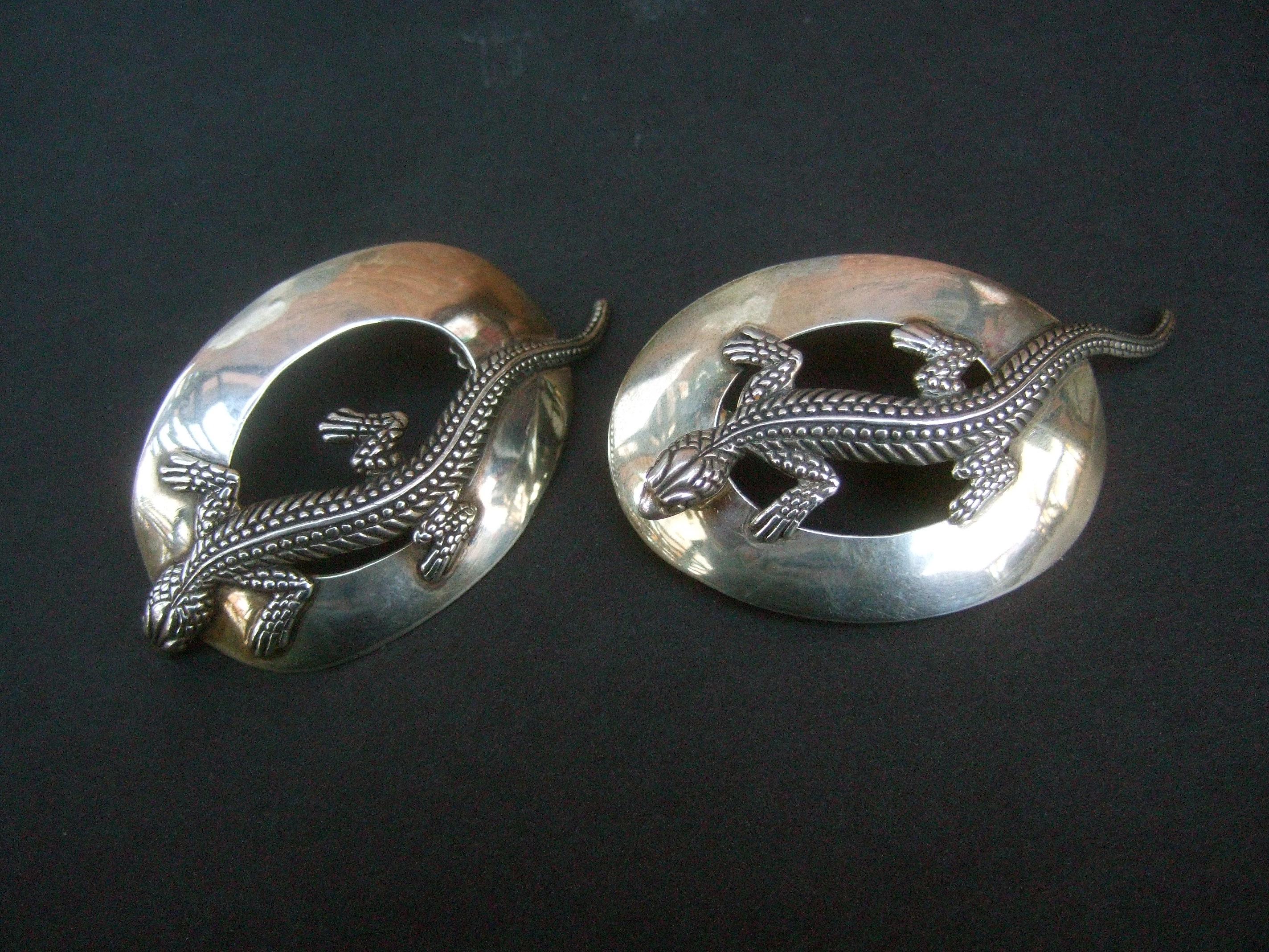 Sterling Silver Massive Figural Lizard Artisan Pierced Earrings c 1990 For Sale 2