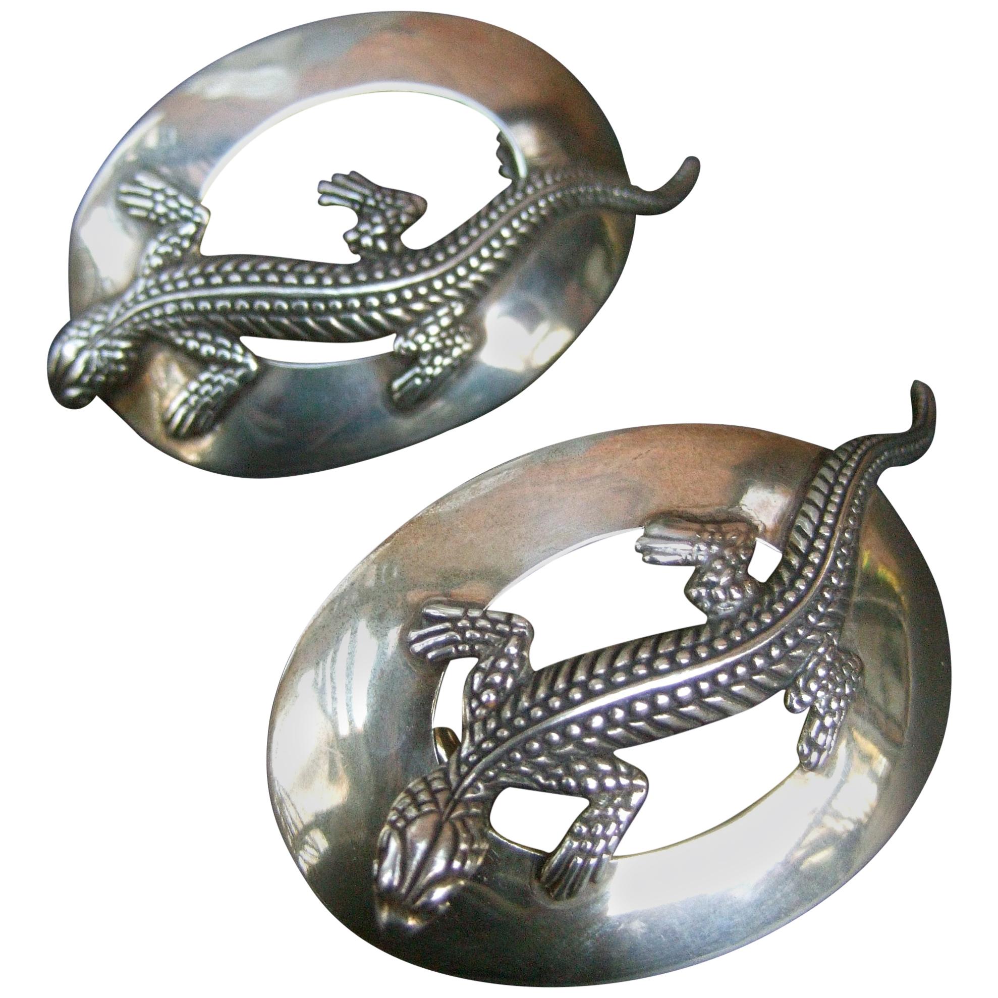 Sterling Silver Massive Figural Lizard Artisan Pierced Earrings c 1990 For Sale