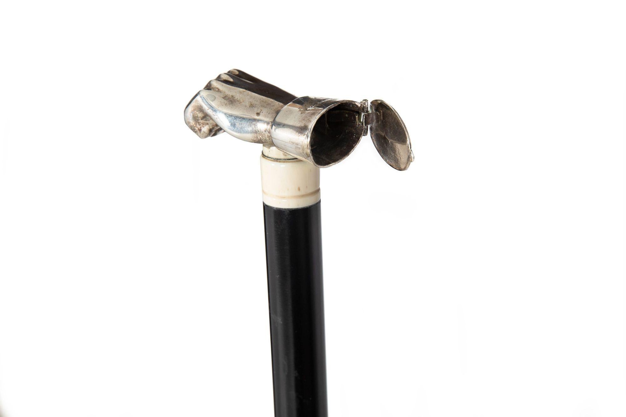 British Sterling Silver Match Safe Gadget Cane on Ebony Walking Stick by David Bowles For Sale