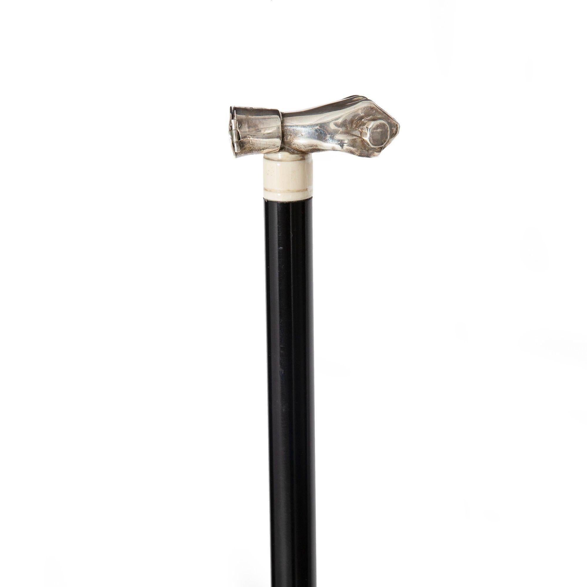 20th Century Sterling Silver Match Safe Gadget Cane on Ebony Walking Stick by David Bowles For Sale