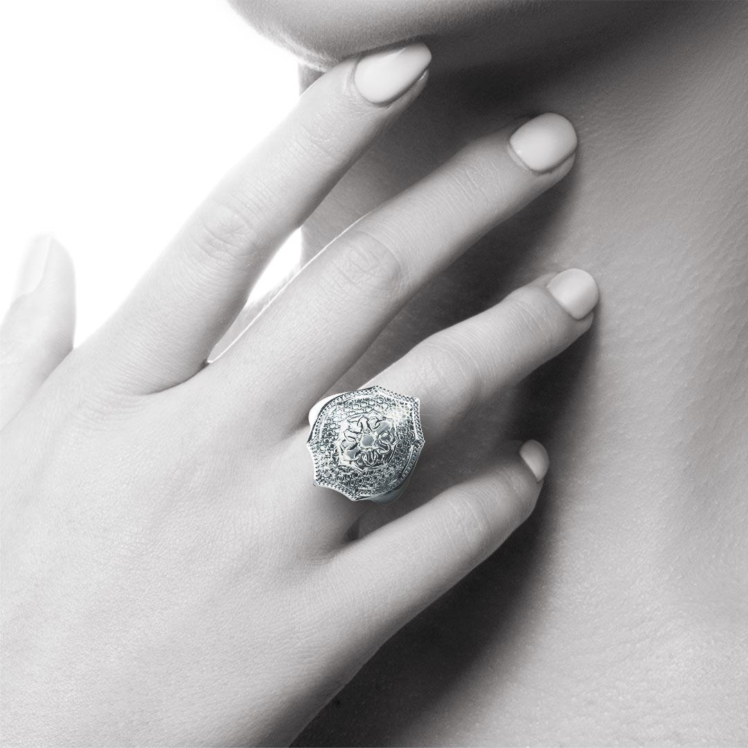 Part of the brand new 'Mauresque' collection by Natalie Barney, this unique cocktail ring features a Moorish inspired pattern for an individual and striking look. 

Made in Sterling Silver. AU Ring Size M. US Ring 6. EU Ring Size 52 3/4. Free resize