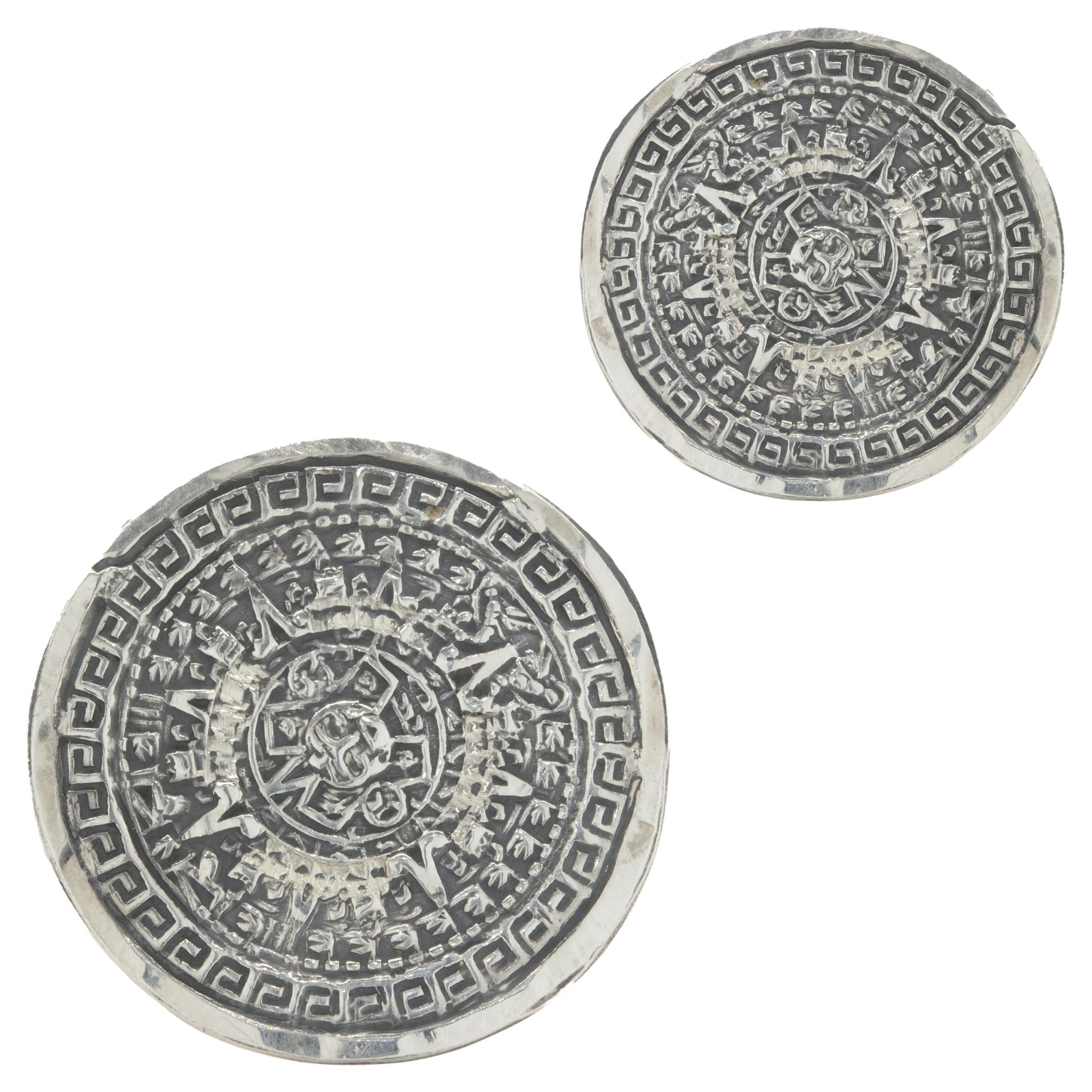Sterling Silver Mayan Calendar Cufflinks For Sale