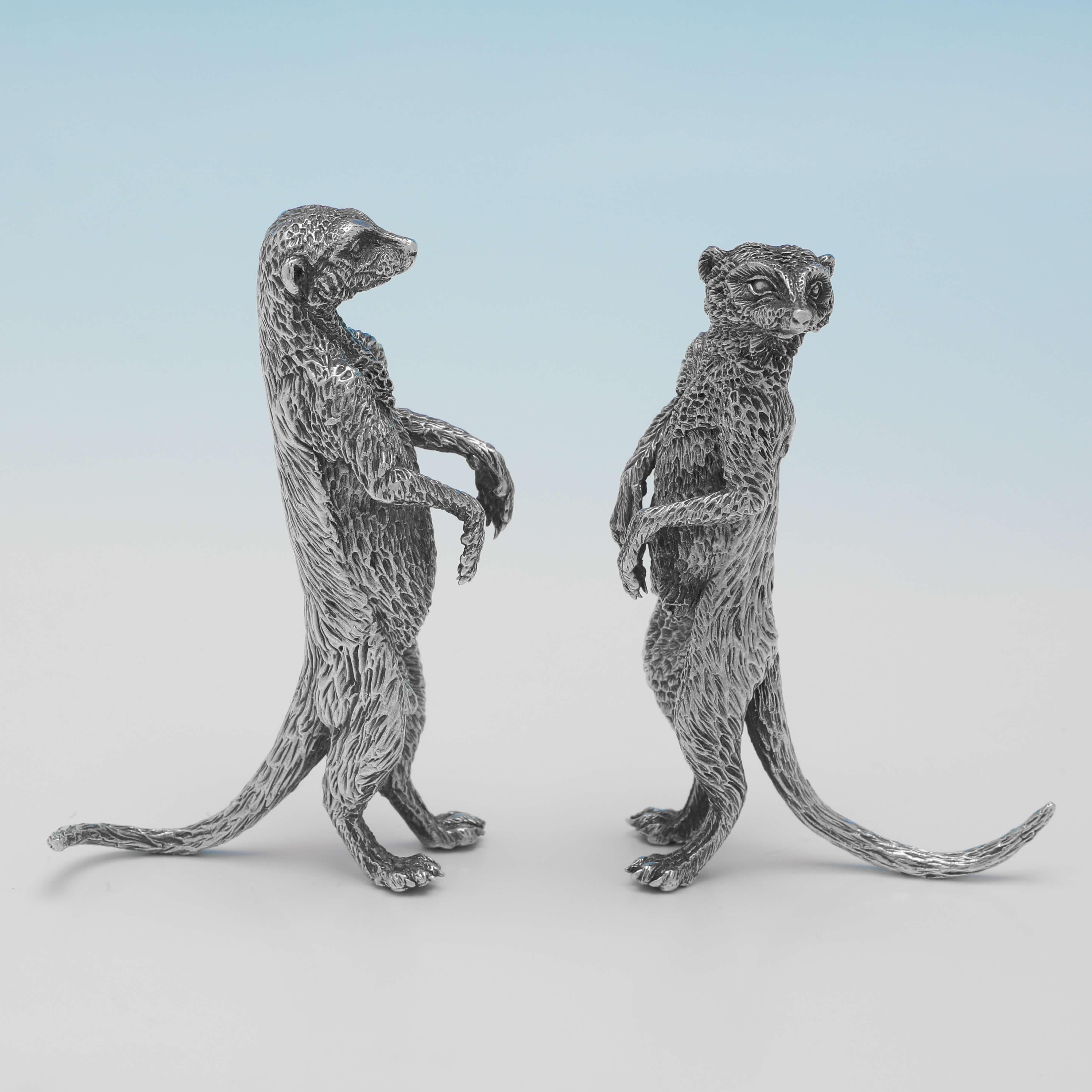 Hallmarked in London in 2002/2003 by Patrick Mavros, this charming family of Sterling Silver Meerkats, are realistically cast. The largest measures 3