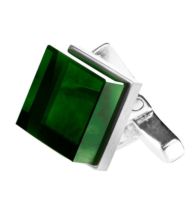 Sterling Silver Men's Art Deco Style Cufflinks by the Artist with Green Quartzes For Sale 1