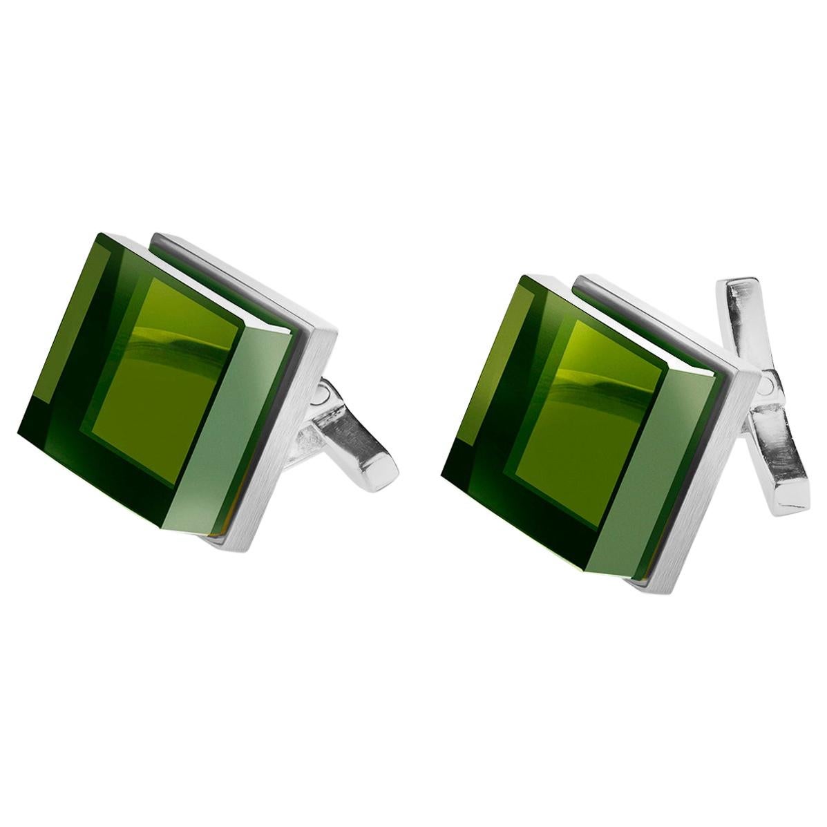 Sterling Silver Men Art Deco Style Cufflinks by the Artist with Green Quartzes For Sale