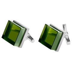 Sterling Silver Men Art Deco Style Cufflinks by the Artist with Green Quartzes