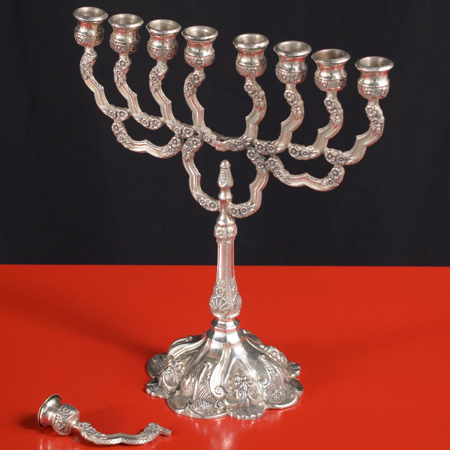 Carved Timeless Sterling Silver Menorah from Israel with Floral Motif