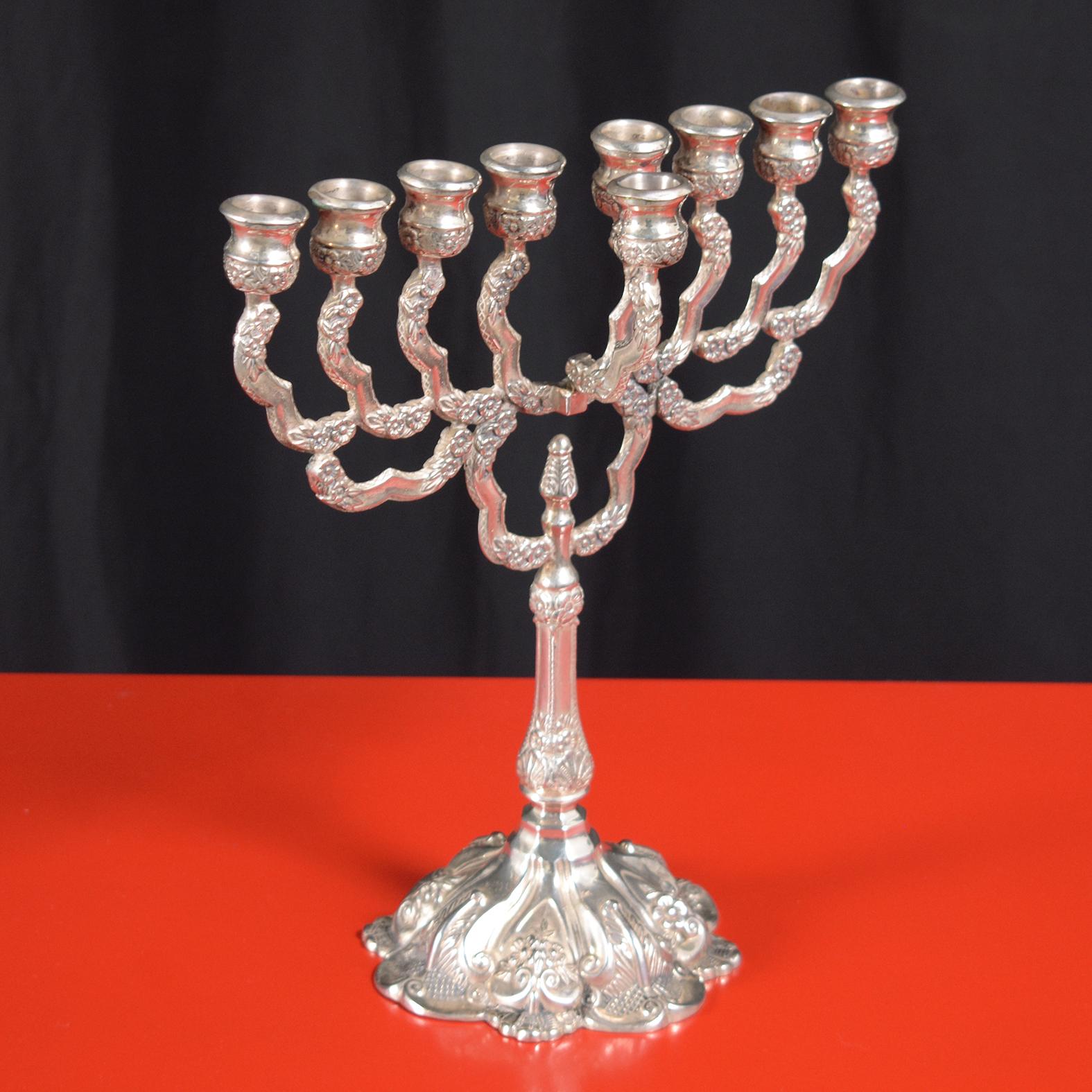Mid-20th Century Timeless Sterling Silver Menorah from Israel with Floral Motif
