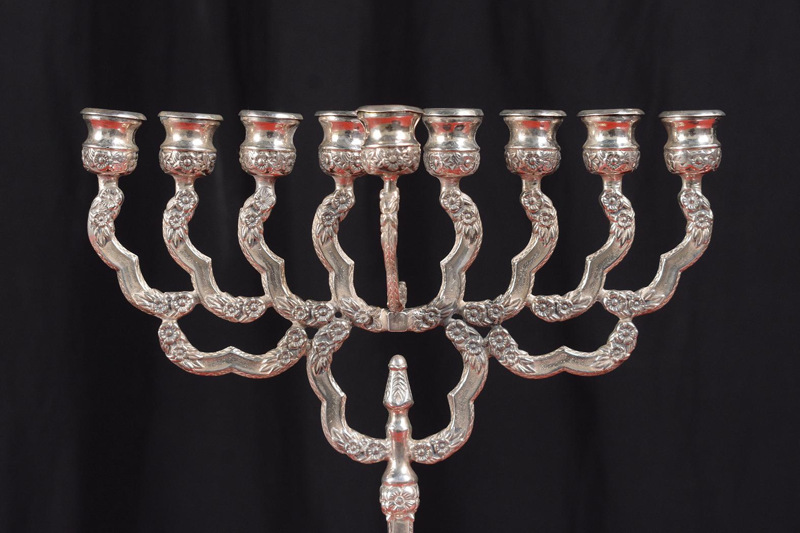 Metal Timeless Sterling Silver Menorah from Israel with Floral Motif