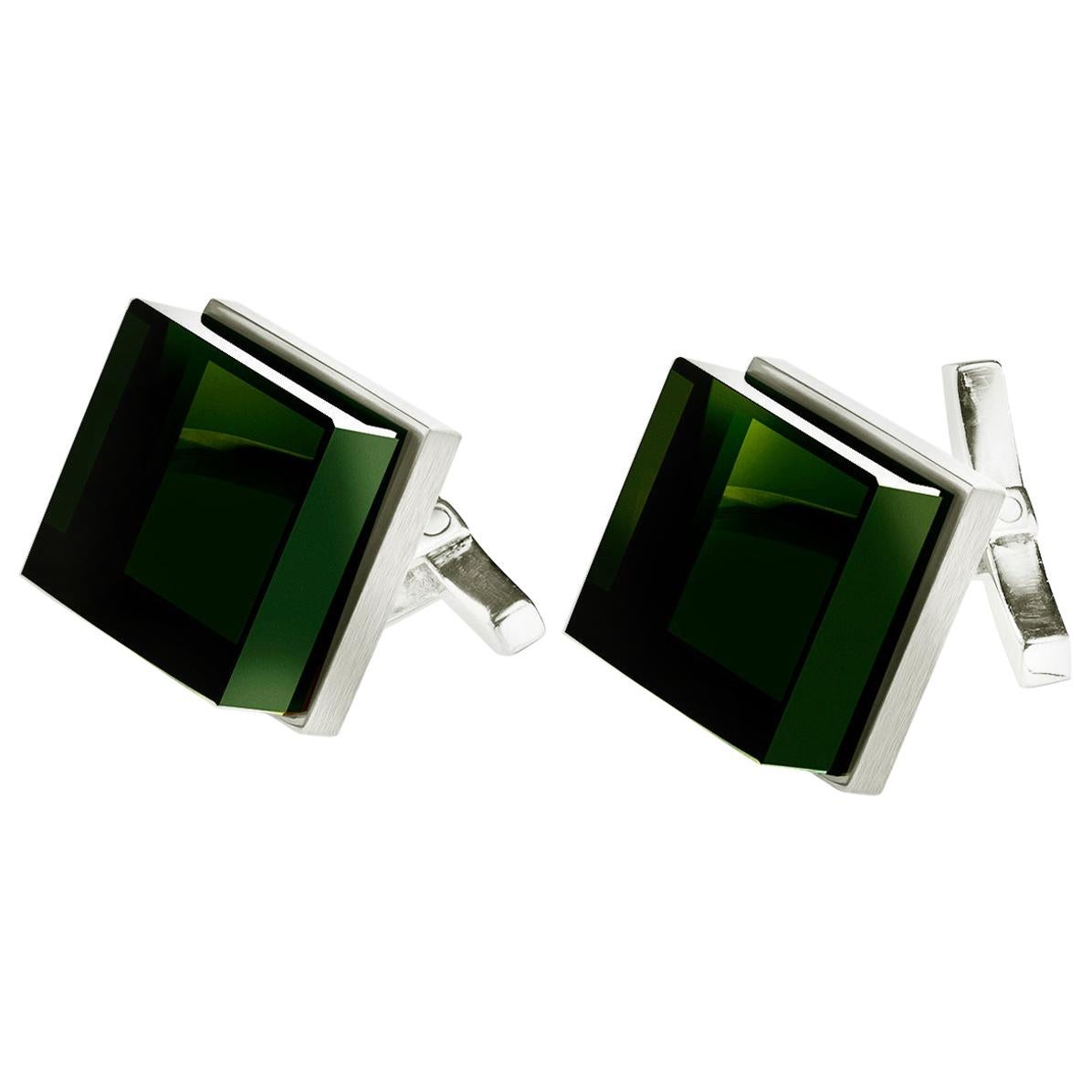 Sterling Silver Men's Art Deco Style Cufflinks by the Artist with Green Quartzes