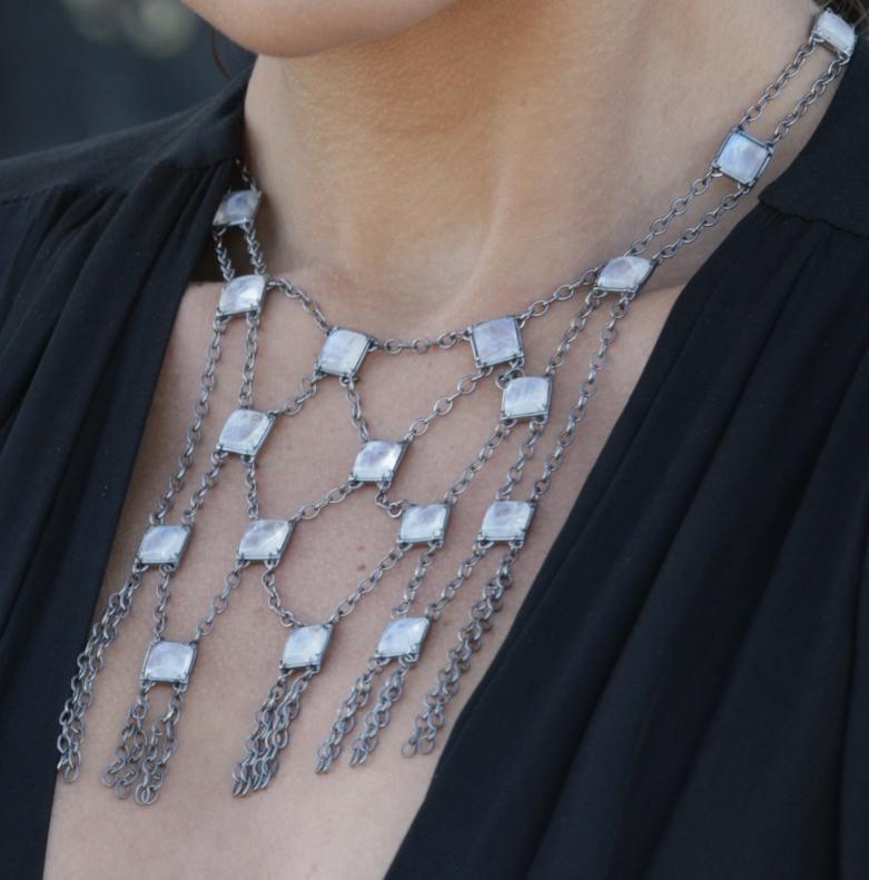 Women's Sterling Silver Mesh Bib Necklace with Moonstone Square Cabochons For Sale