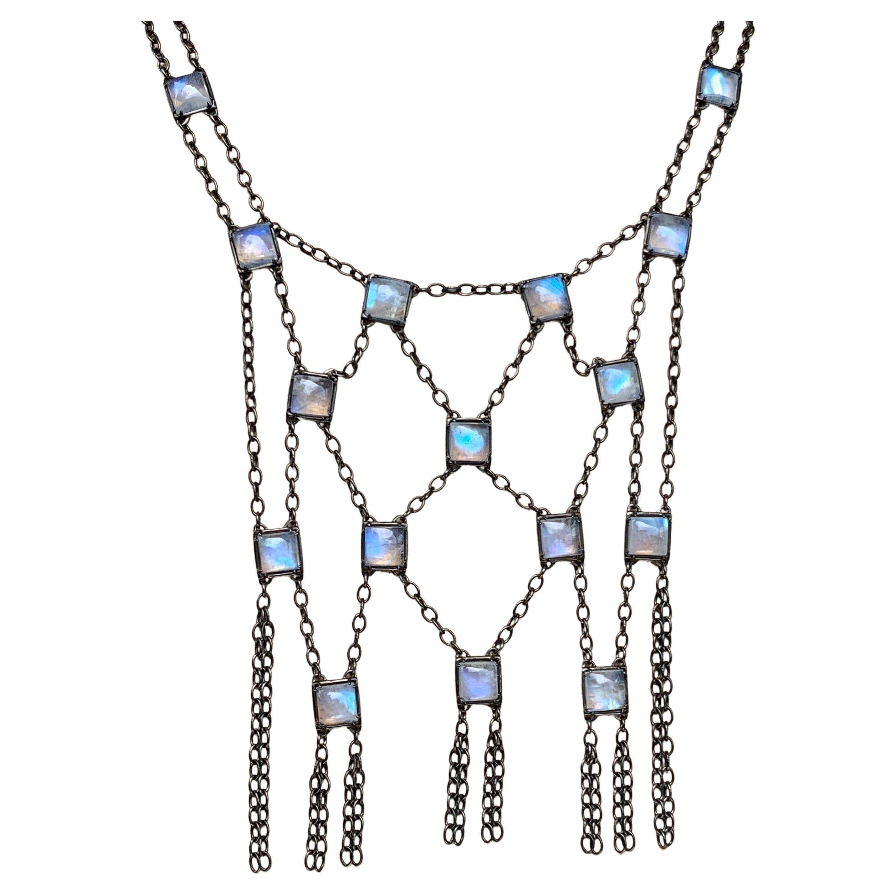 Sterling Silver Mesh Bib Necklace with Moonstone Square Cabochons For Sale