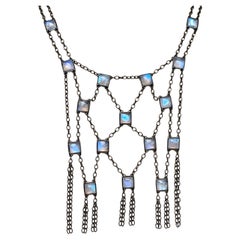 Used Sterling Silver Mesh Bib Necklace with Moonstone Square Cabochons