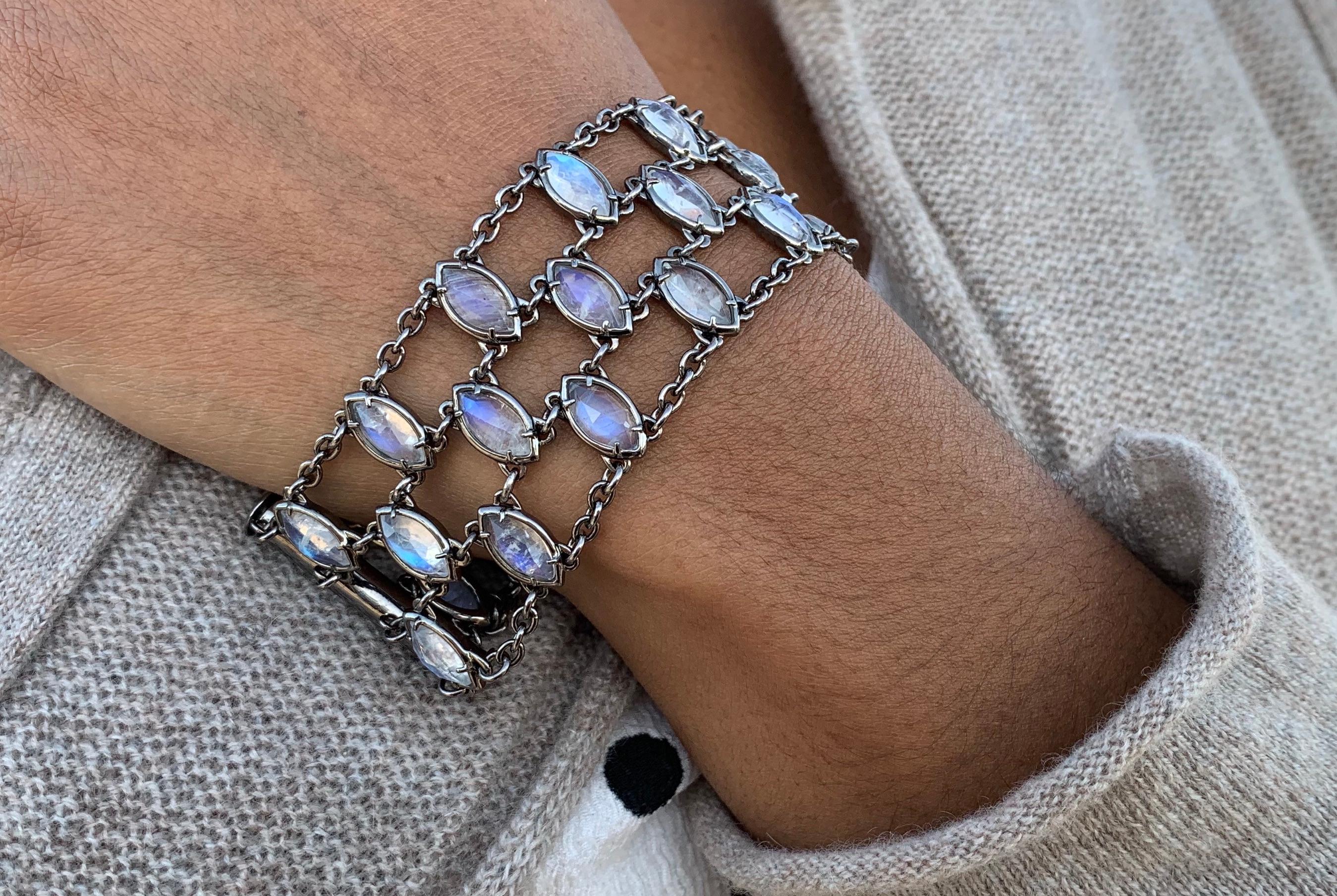 Lively marquise cabochon moonstones are integrated into a superbly sensual bracelet that you won't want to take off.
In sterling silver, this bold 