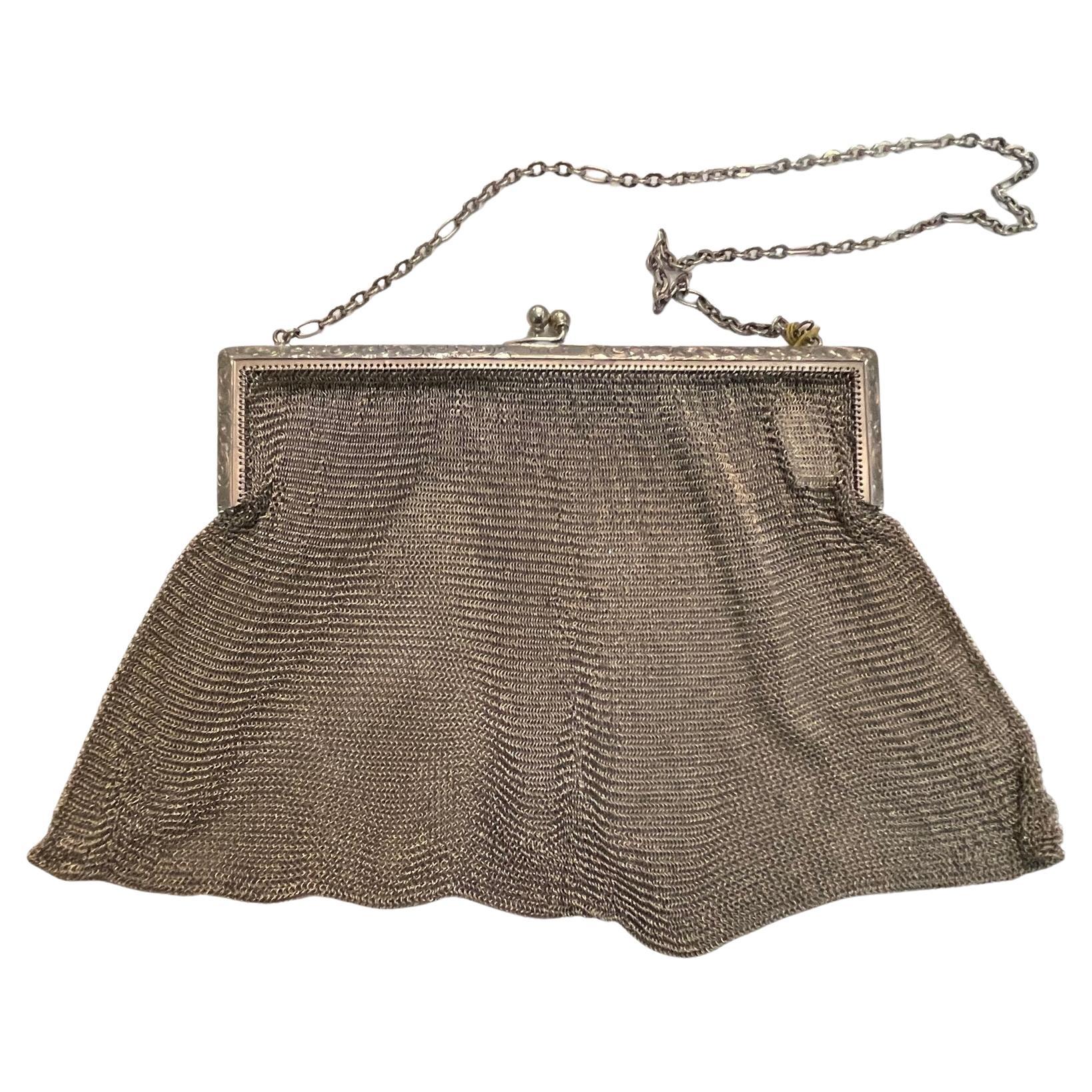 Sterling Silver Mesh Purse with Hand Engraved Frame, circa 1900s For Sale