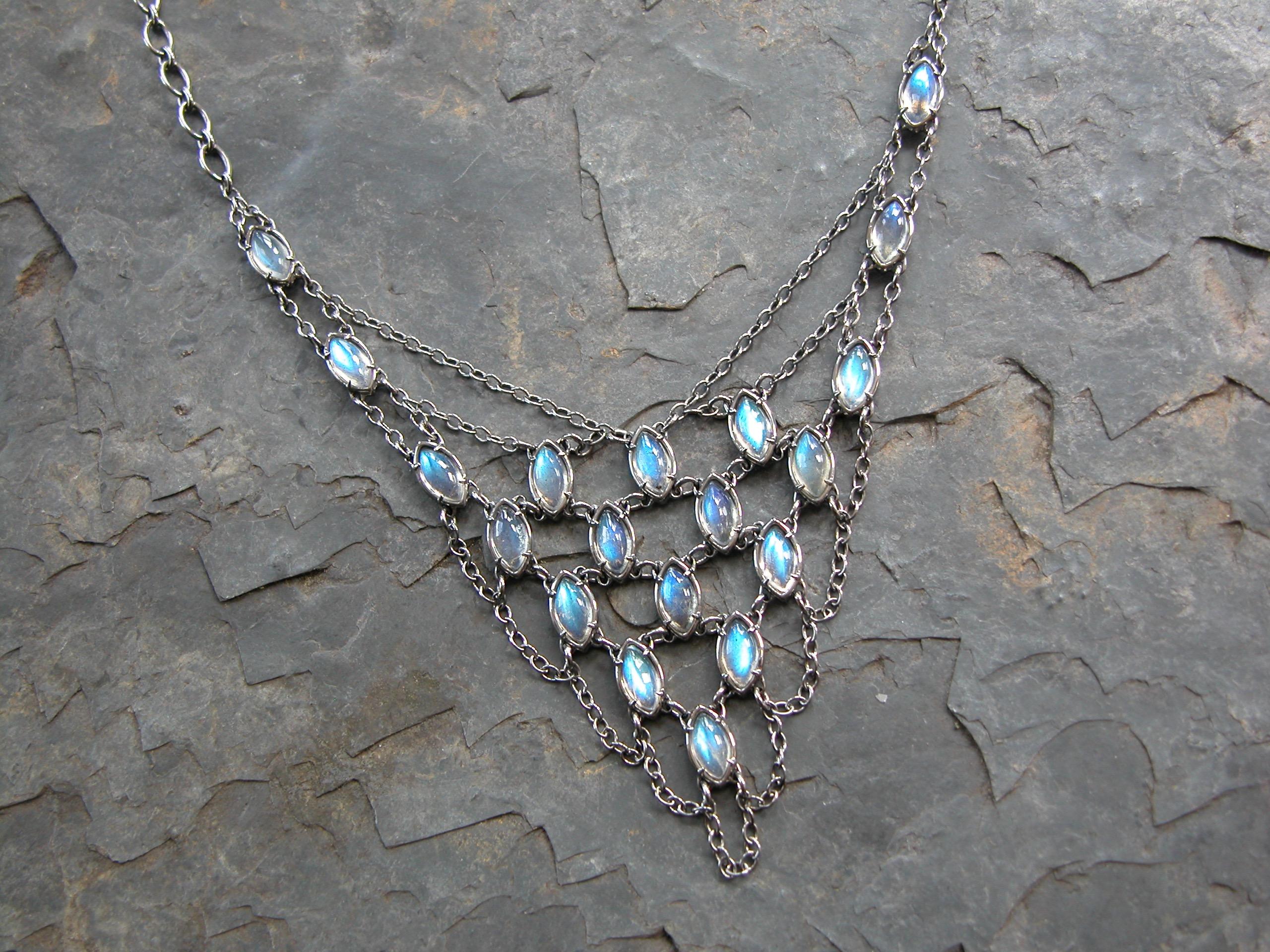 Marquise Cut Sterling Silver Mesh Scallop V Necklace with Labradorite Marquise Cabochon For Sale