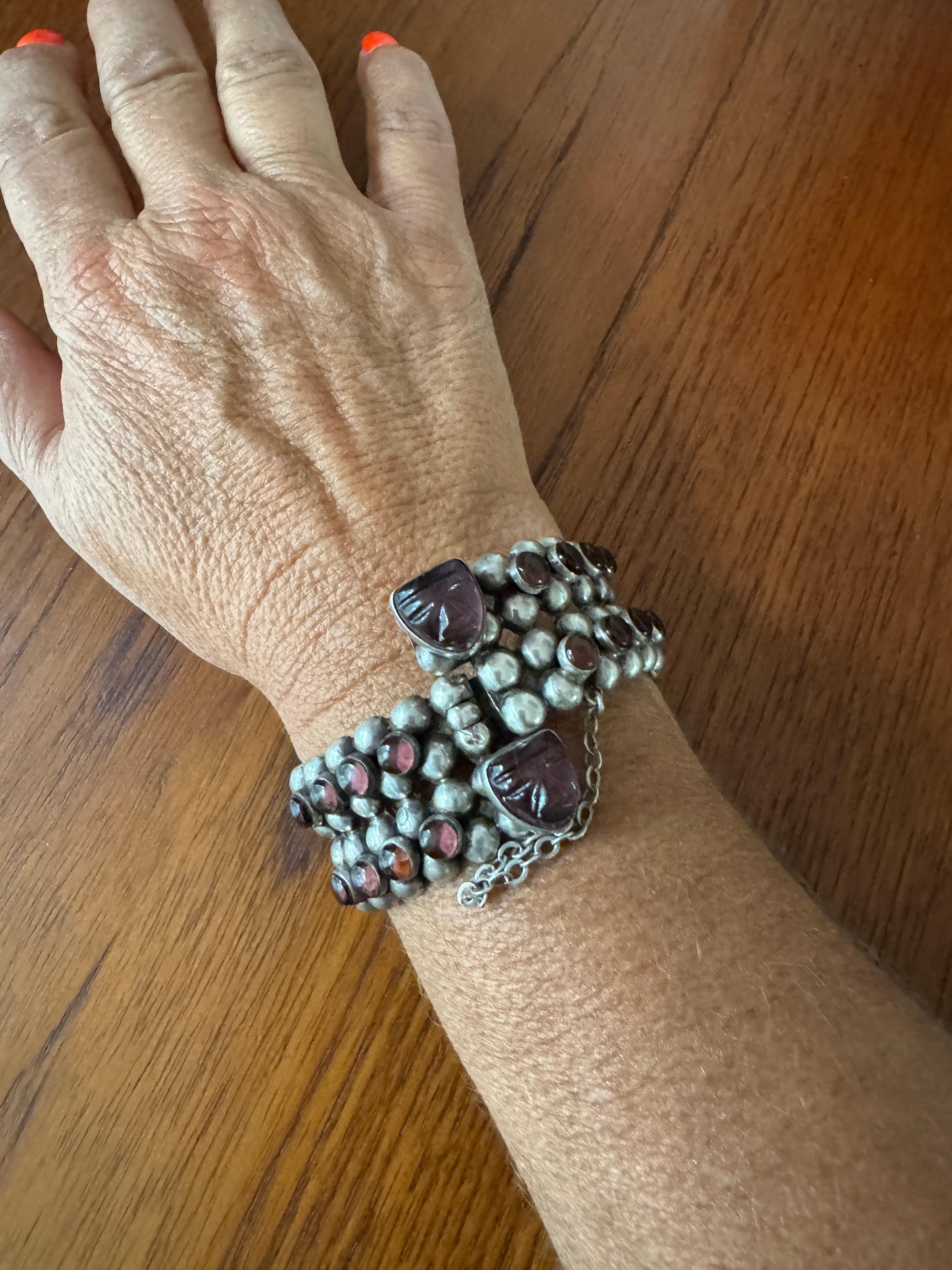Bracciale messicano in argento sterling Maschera azteca con ametista in vendita 5