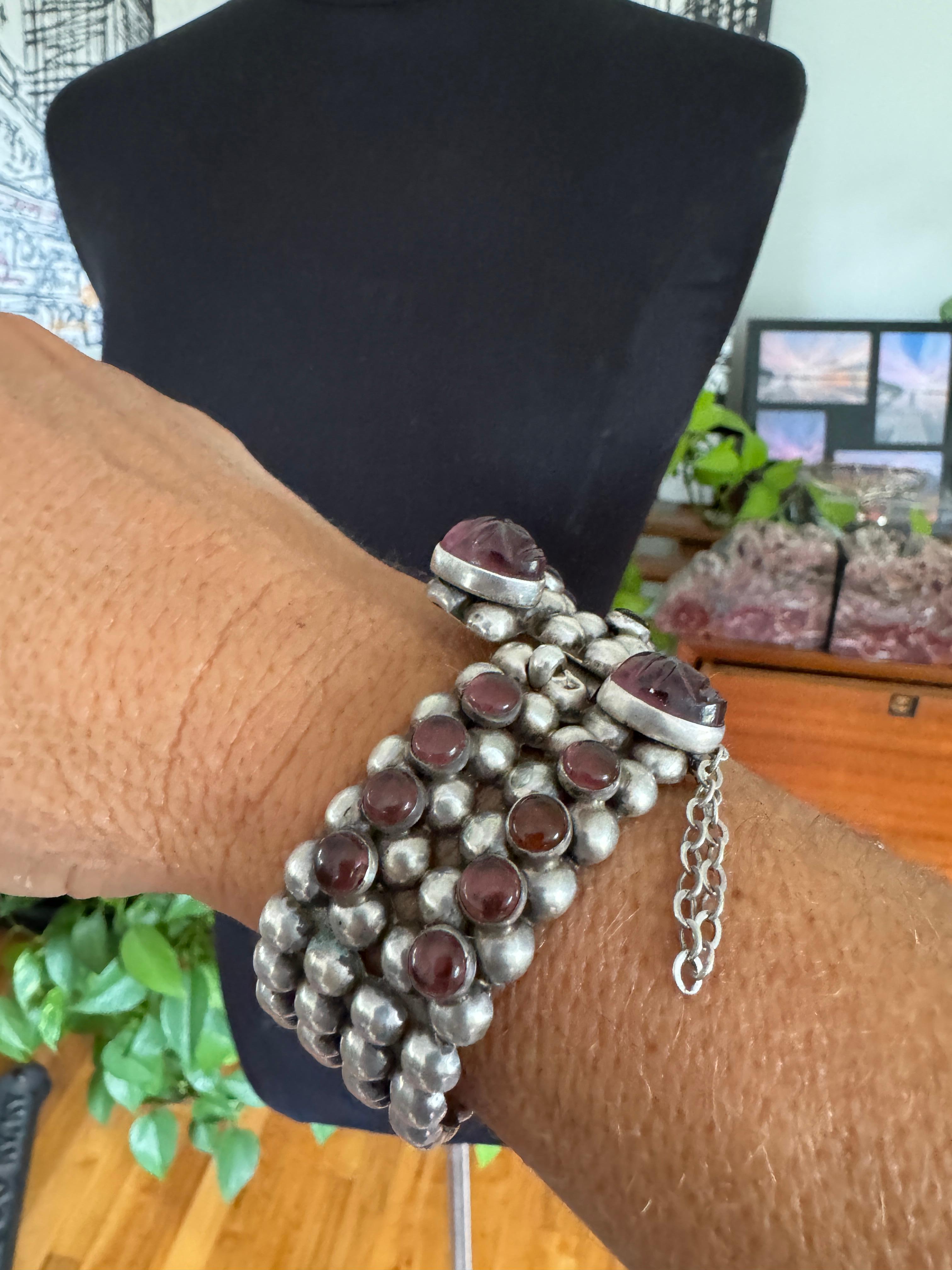 Bracciale messicano in argento sterling Maschera azteca con ametista in vendita 4