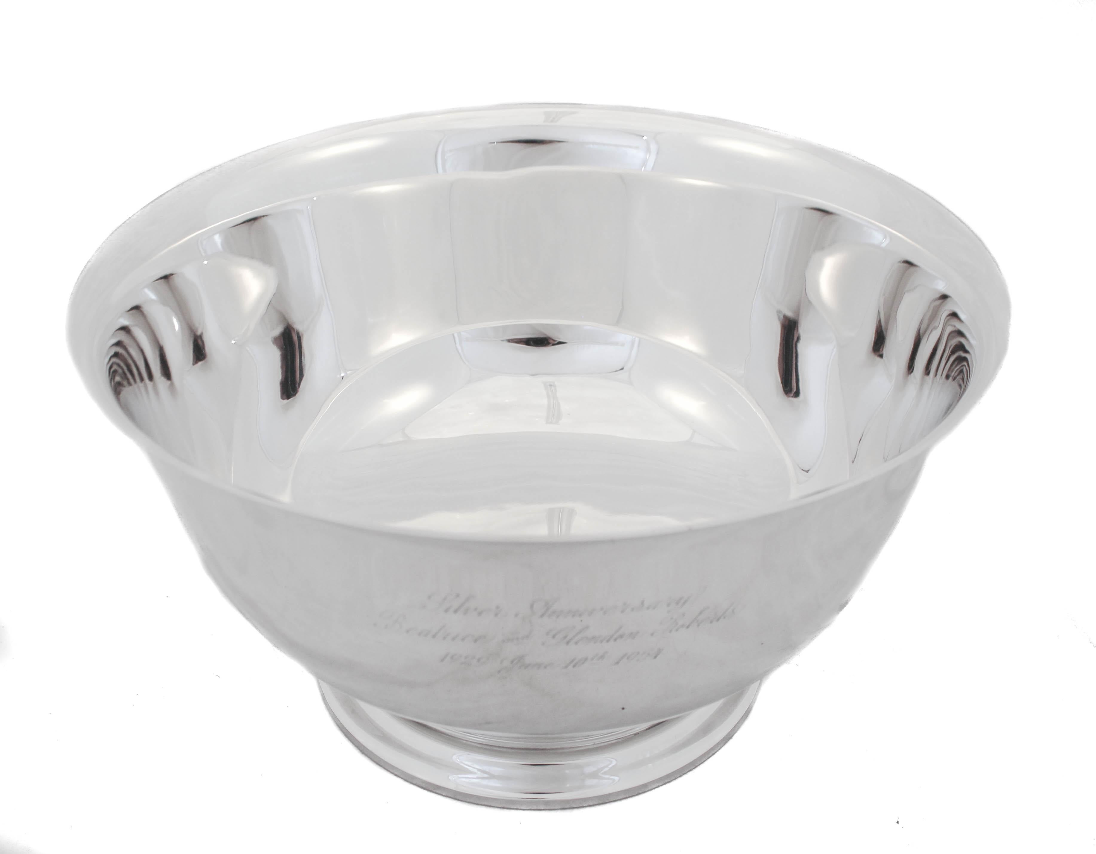 We are proud to offer you this sterling silver punch bowl by Gorham Silversmiths of Providence, Rhode Island dated 1953. Simply put, it’s HUGE! Elegant and chic it’s the epitome of Mid-Century modern silver. No decoration, etchings or design; just a