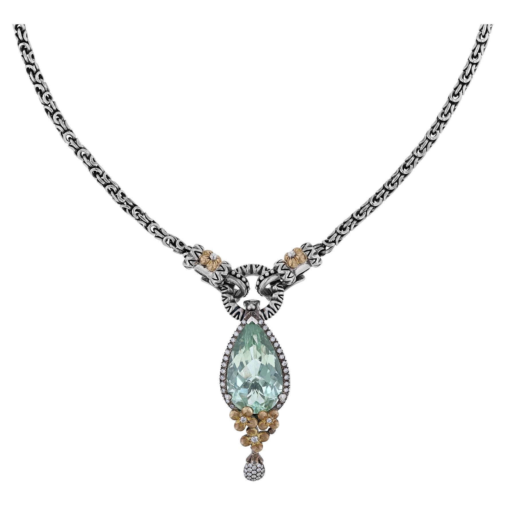 Halskette mit Blumenanhänger aus Sterlingsilber, Mintquarz und Diamant, 18 Karat Gelbgold