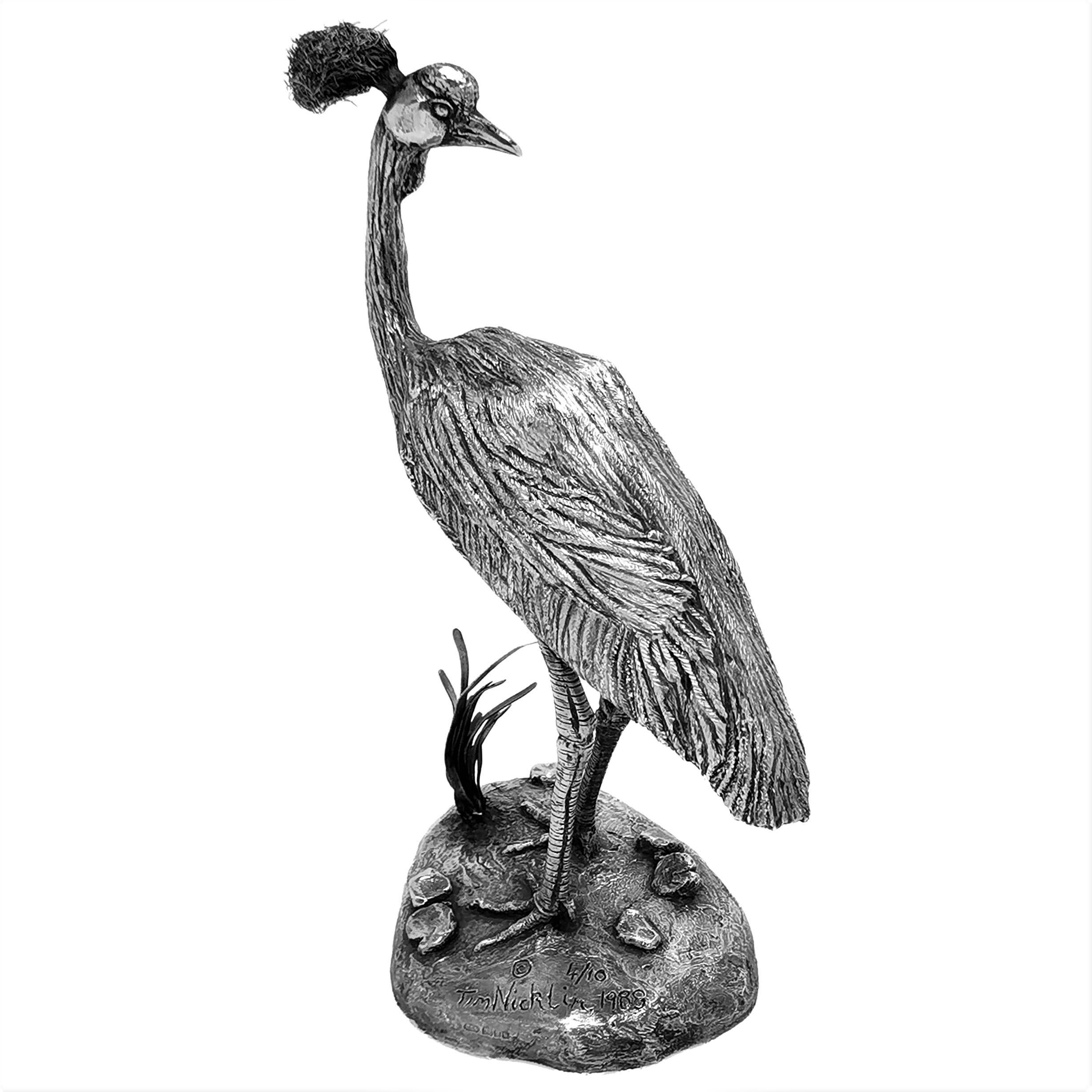 English Sterling Silver Model Crowned Crane Bird Figurine Statue, 1988 / 1990