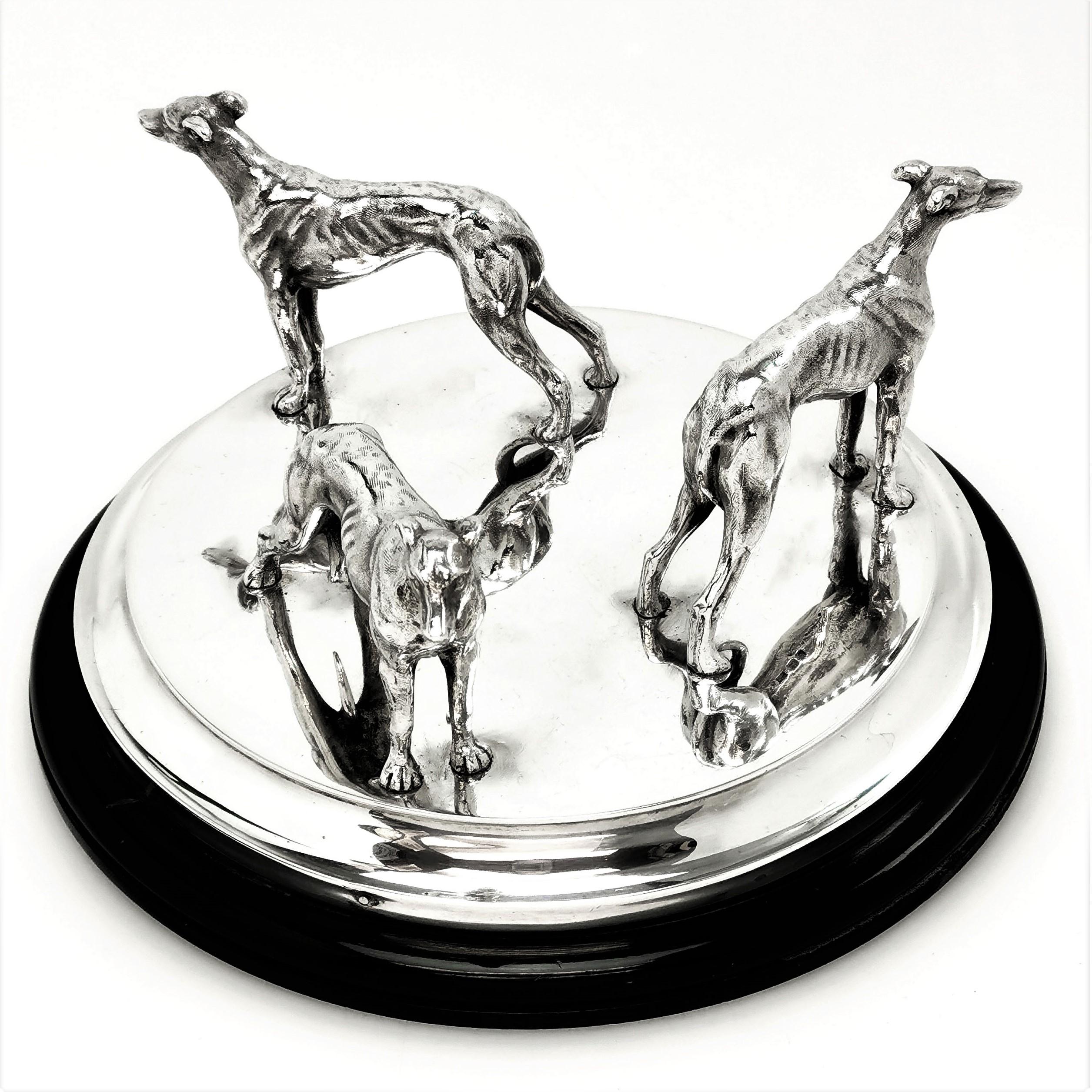 English Sterling Silver Model Greyhounds on Plinth 1937 Greyhound Dogs Figures