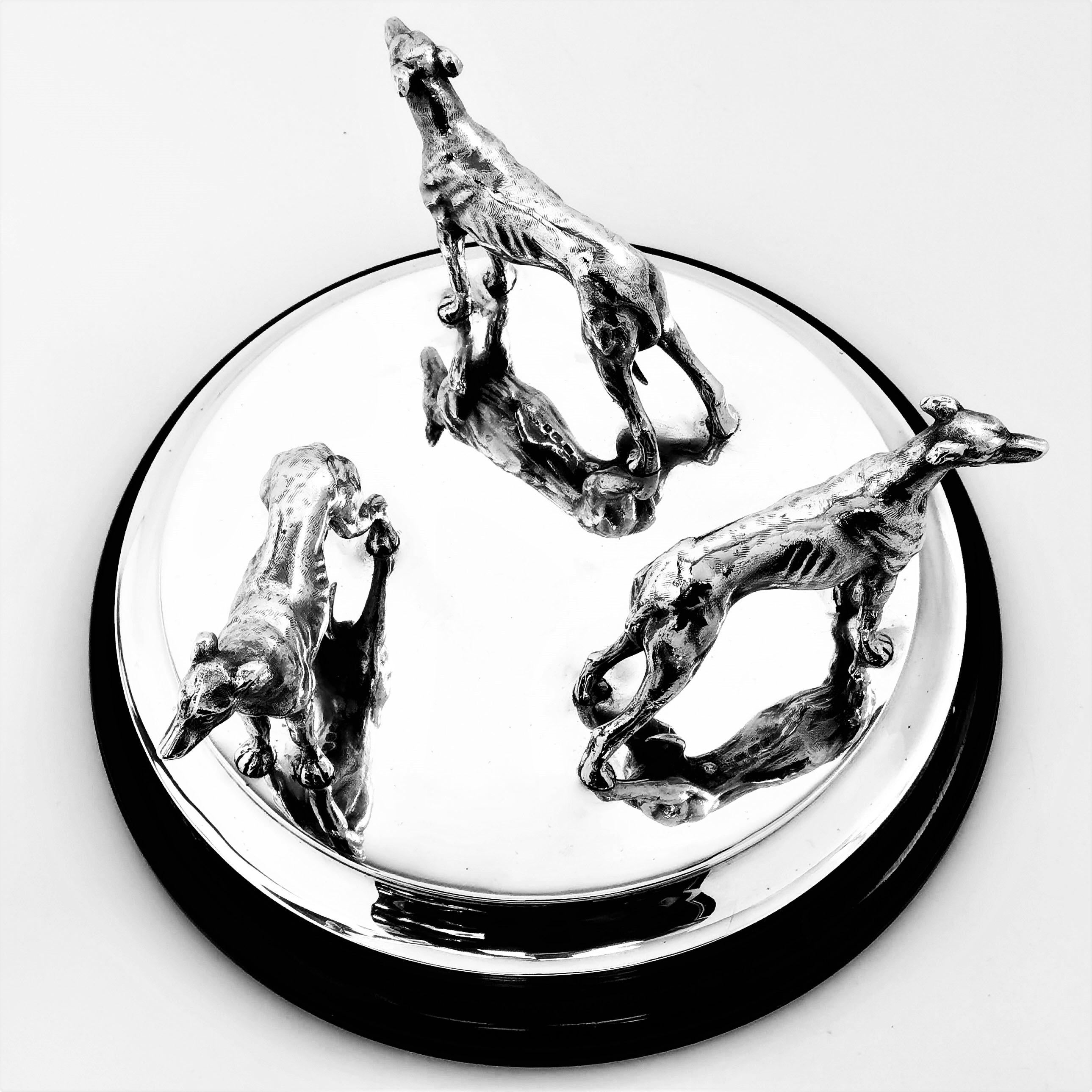 20th Century Sterling Silver Model Greyhounds on Plinth 1937 Greyhound Dogs Figures