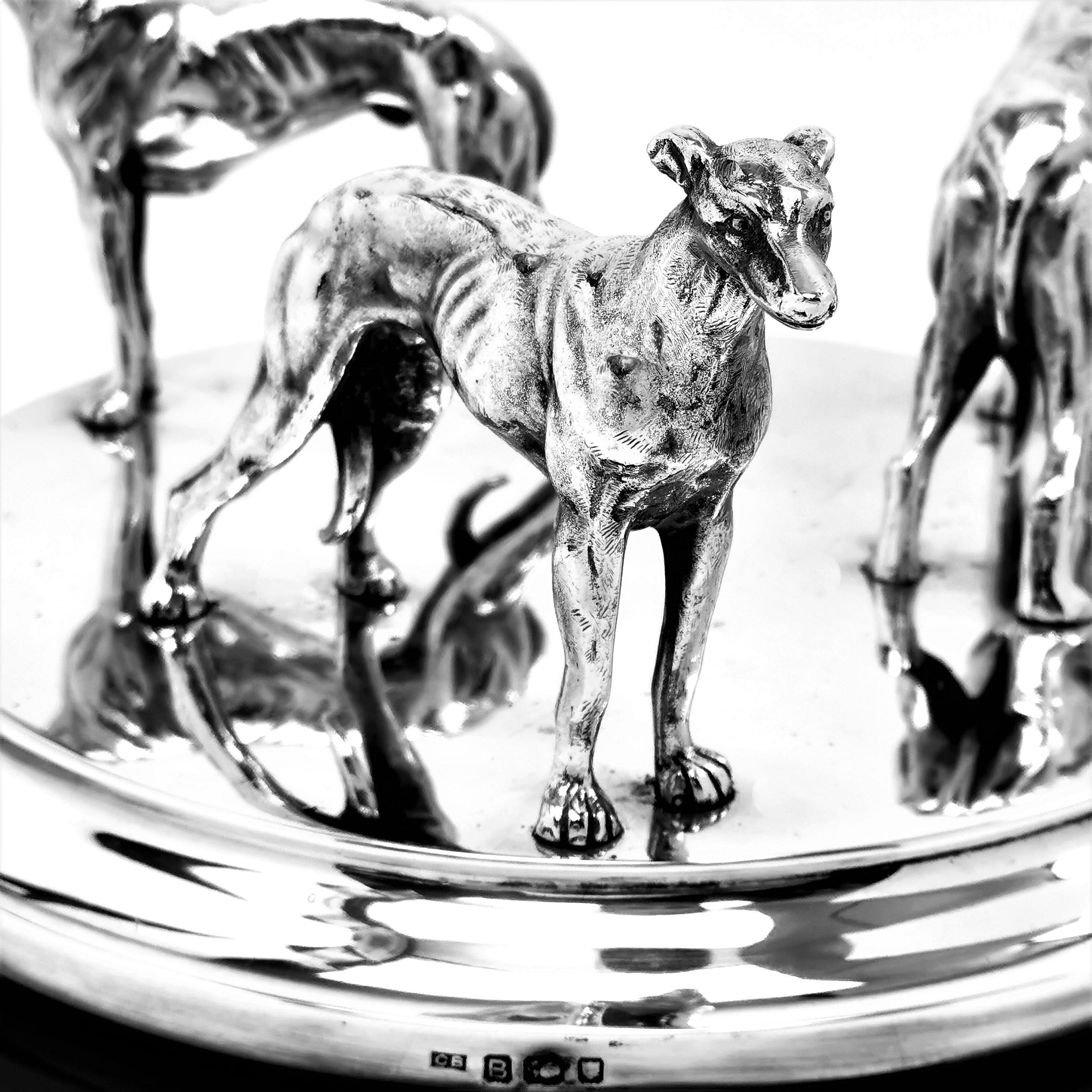Sterling Silver Model Greyhounds on Plinth 1937 Greyhound Dogs Figures 2