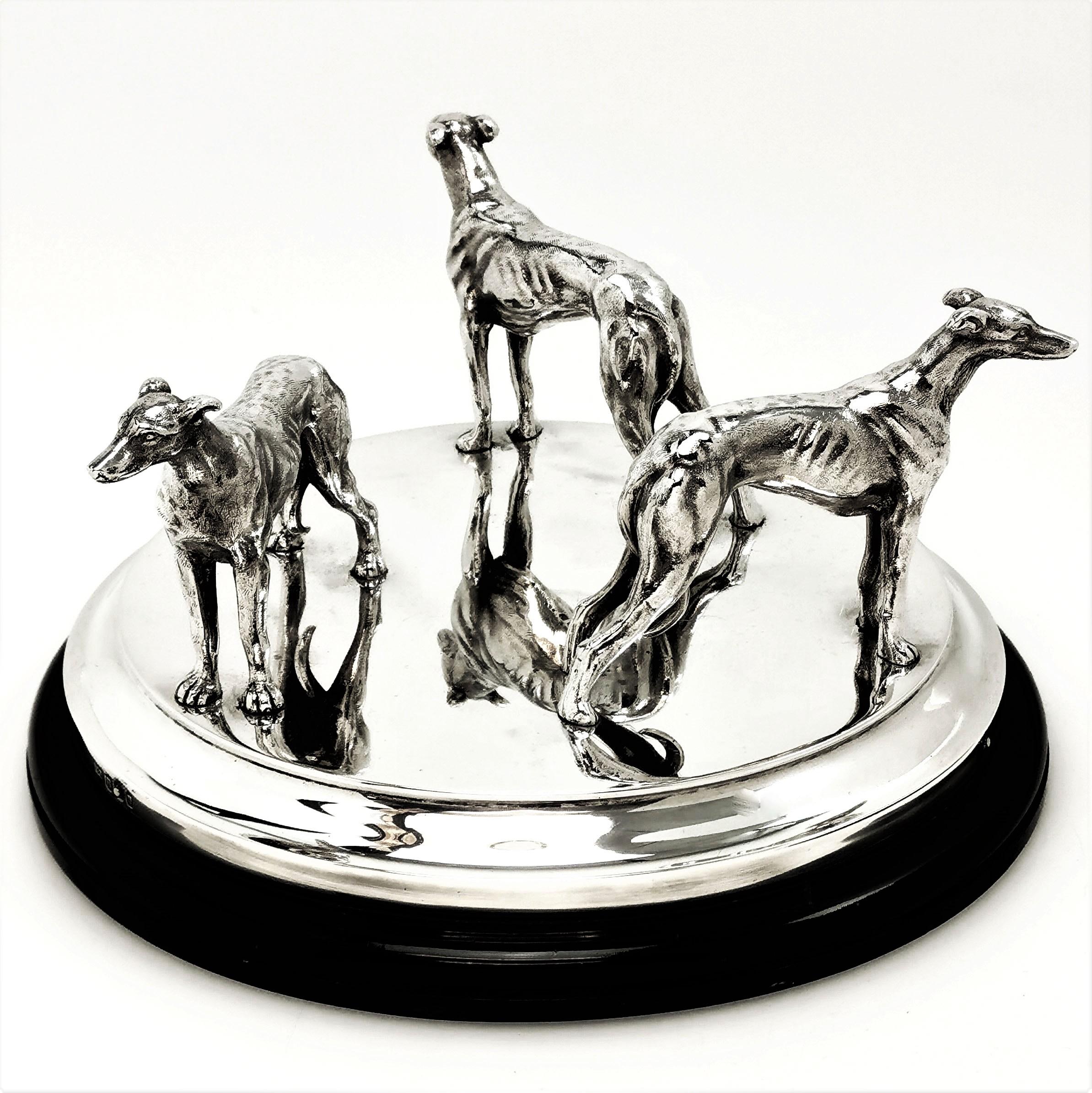 Sterling Silver Model Greyhounds on Plinth with Glass Bowl 1937 Trophy Statue 9