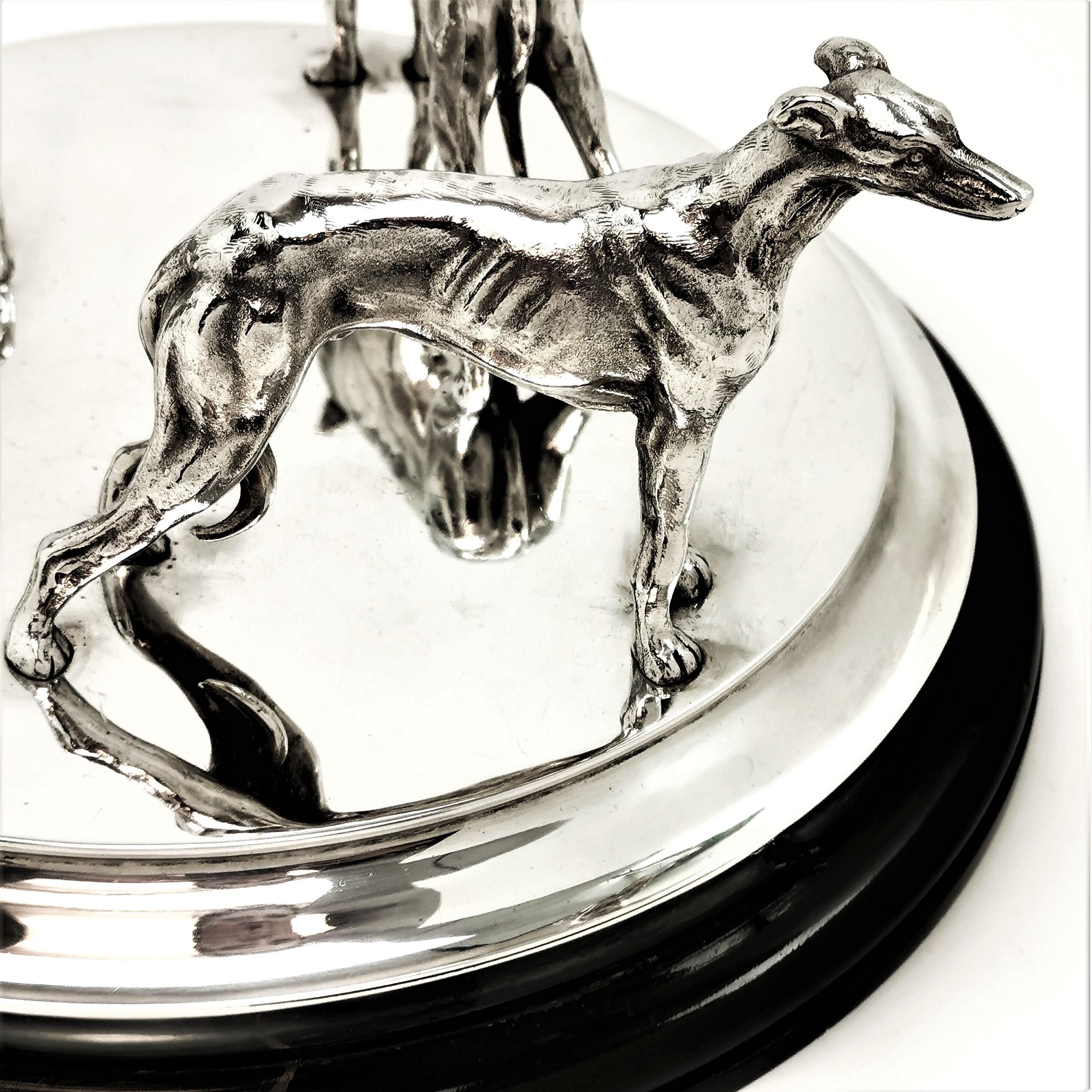 Sterling Silver Model Greyhounds on Plinth with Glass Bowl 1937 Trophy Statue 11