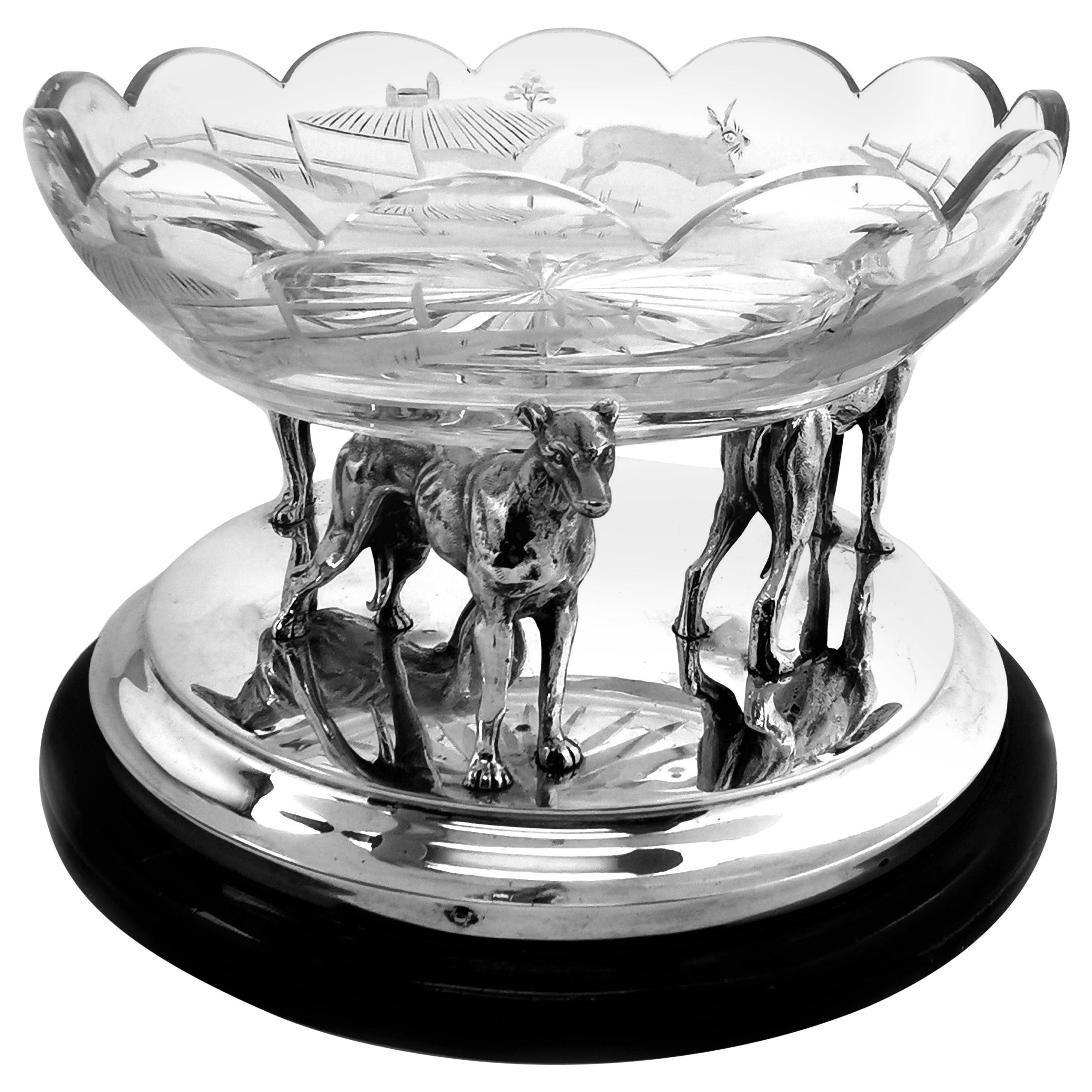 Sterling Silver Model Greyhounds on Plinth with Glass Bowl 1937 Trophy Statue