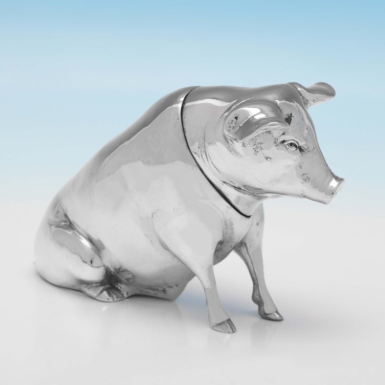 Carrying import marks for Chester in 1903 by Berthold Muller, this charming, Antique Sterling Silver Model of a Pig, is wonderfully modelled, and features a removable head. The pig measures 3