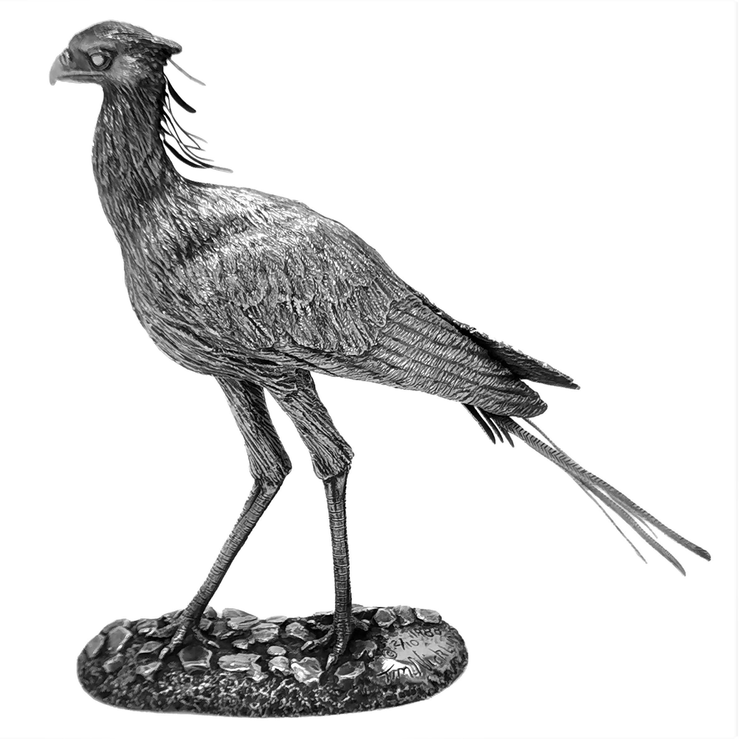 An impressive sterling silver model of an African Secretary Bird by Kenyan Sculptor Tim Nicklin.

The Model was sculpted by Tim Nicklin in 1988 and Hallmarked in London in 1990. The Crane is edition 2 of 10.

The Model Crowned Crane has a full