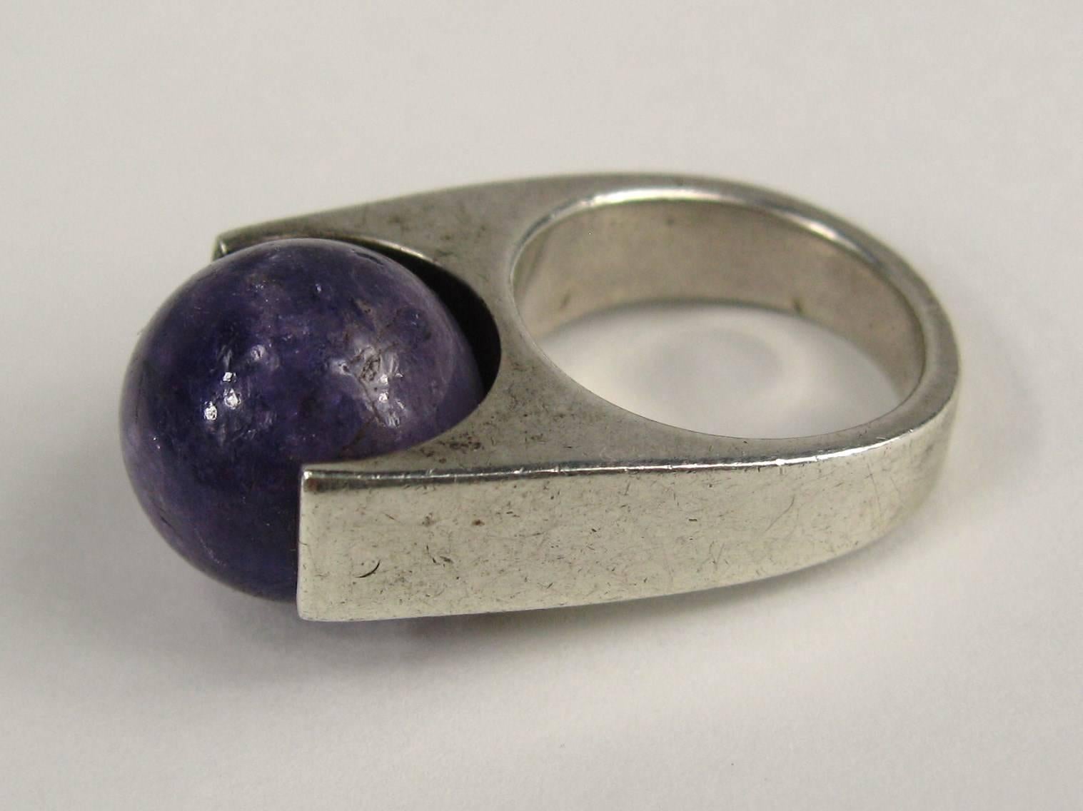 Cabochon Sterling Silver Modernist Amethyst Ring 
