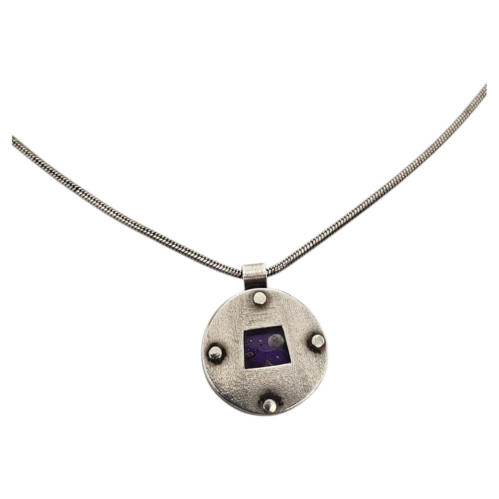 Sterling Silver Modernist Glass Disc Pendant Necklace #24834