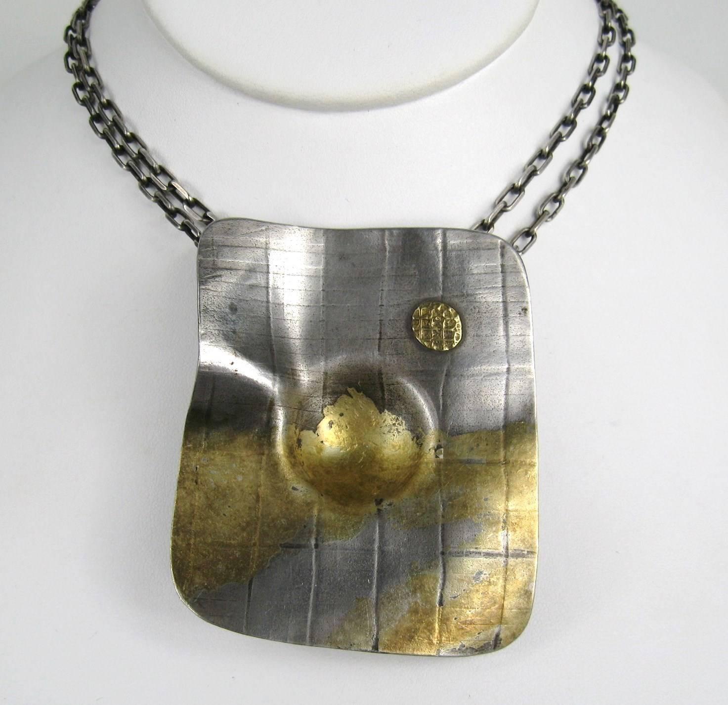 Women's or Men's Sterling Silver Modernist Necklace Gold Wash Handmade Pendant  For Sale