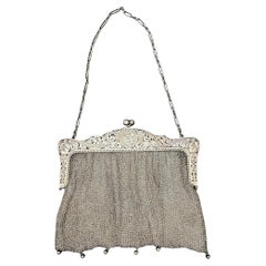 Antique Sterling Silver Mono "MPM" Victorian Chain Mesh Purse with Silver Beads