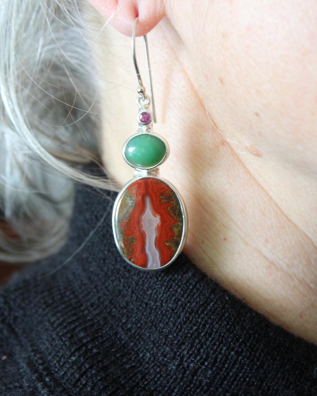 Contemporary Sterling Silver Moroccan Agate, Jade, & Ruby Earrings  For Sale