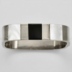 Sterling Silver Mother of Pearl and Onyx Bangle Bracelet circa 1980s