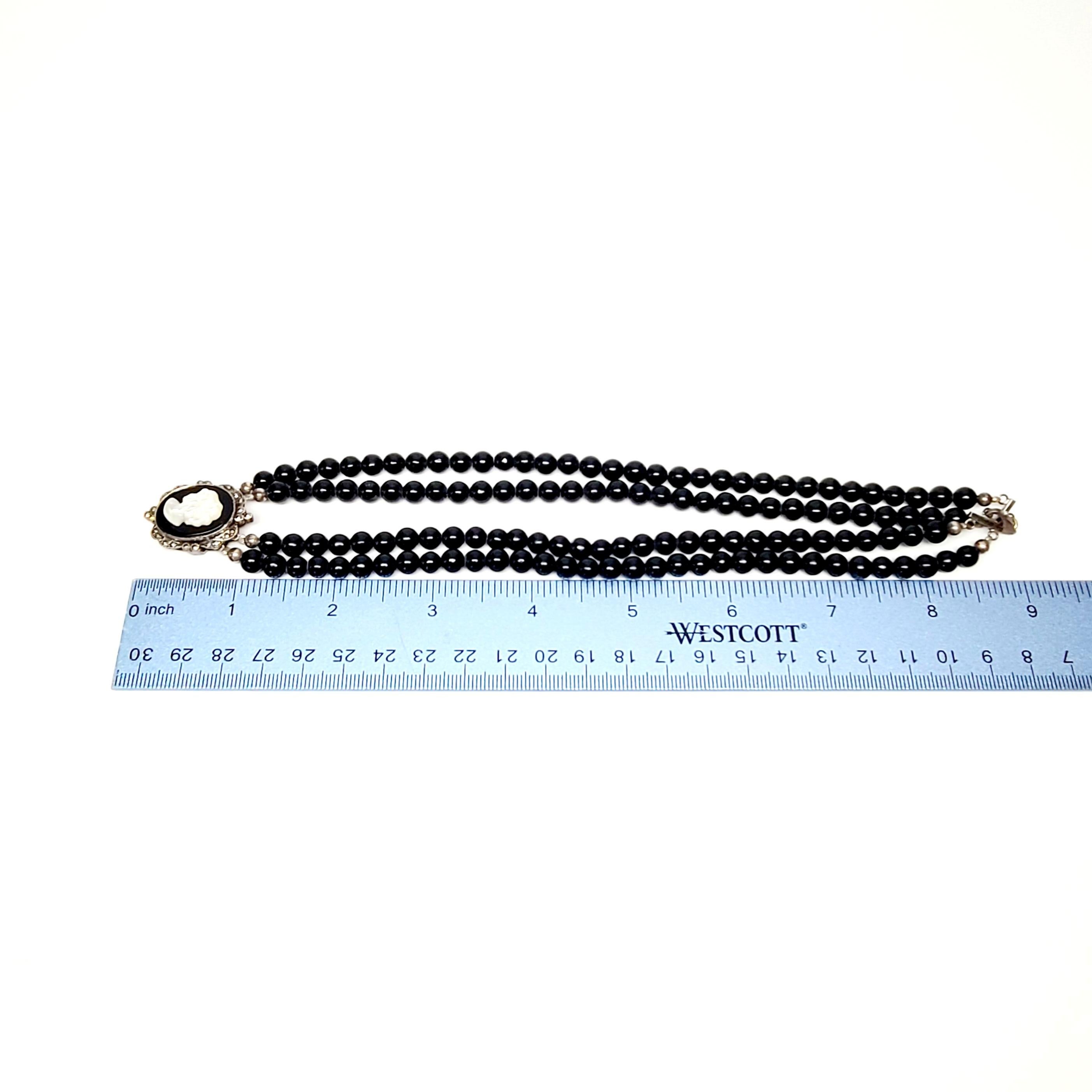 Sterling Silver Mother of Pearl and Onyx Cameo on Double-Strand Bead Necklace 6