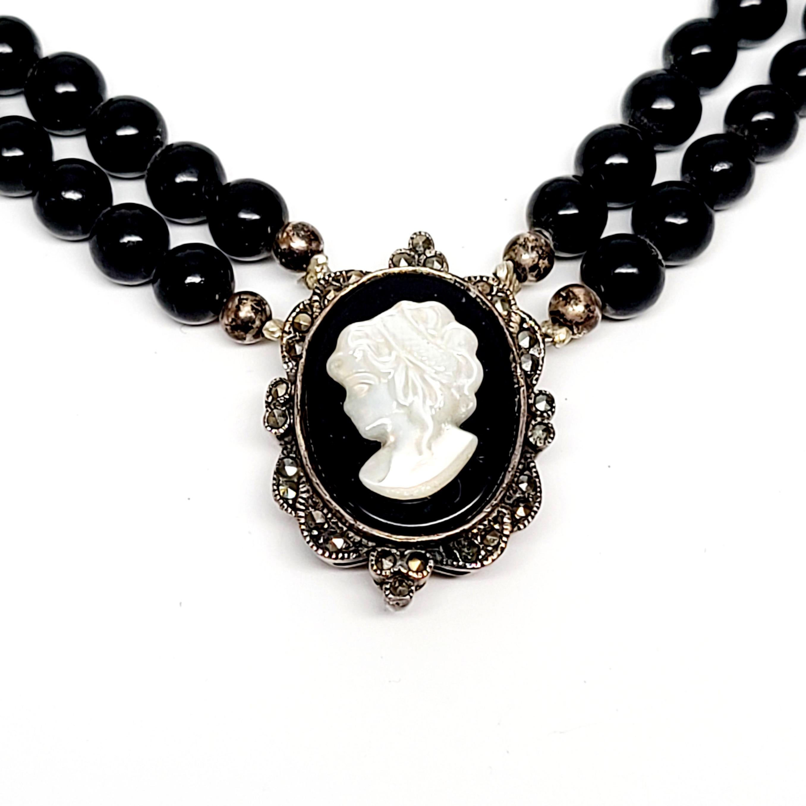 Women's Sterling Silver Mother of Pearl and Onyx Cameo on Double-Strand Bead Necklace