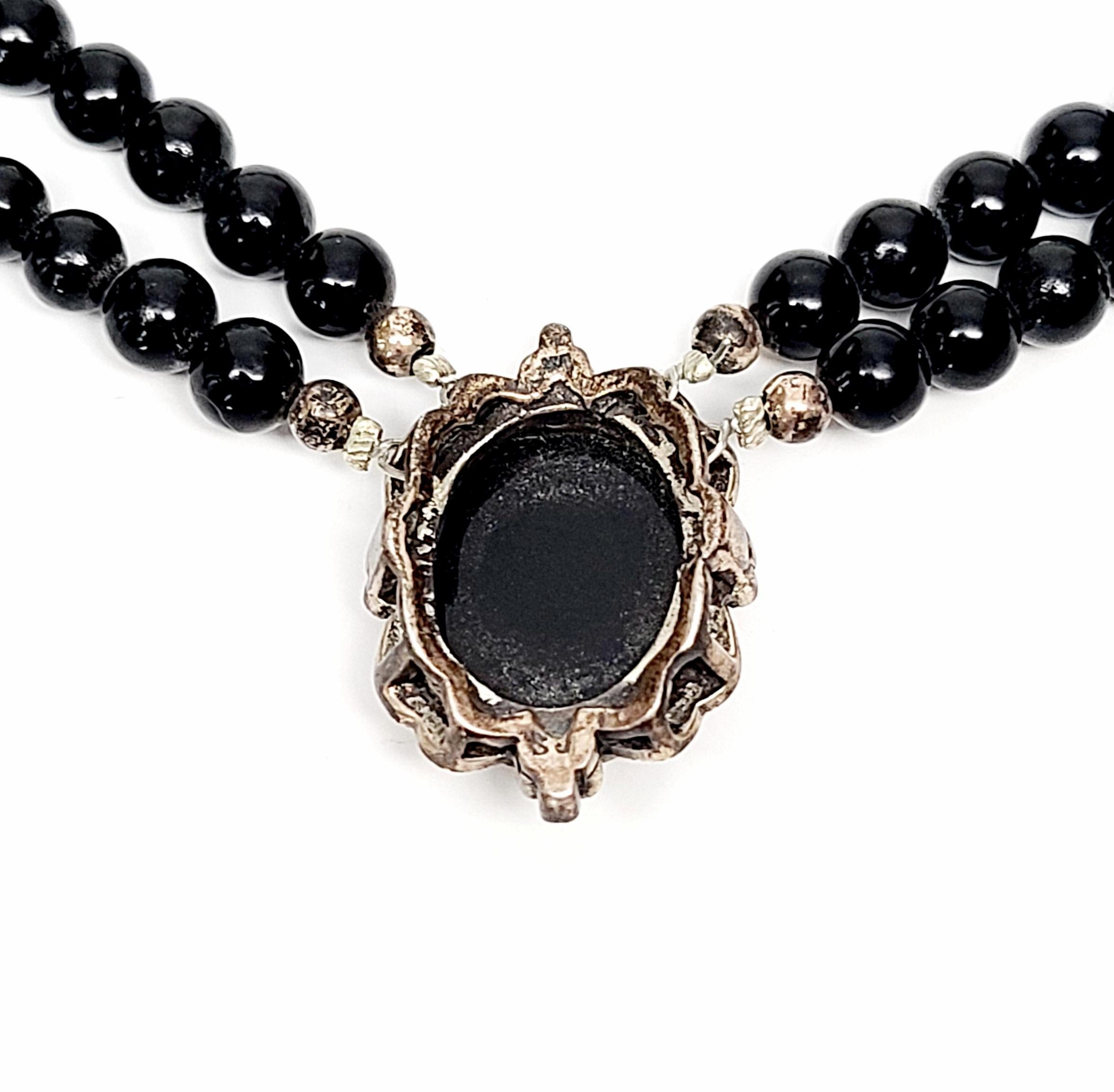 Sterling Silver Mother of Pearl and Onyx Cameo on Double-Strand Bead Necklace 1