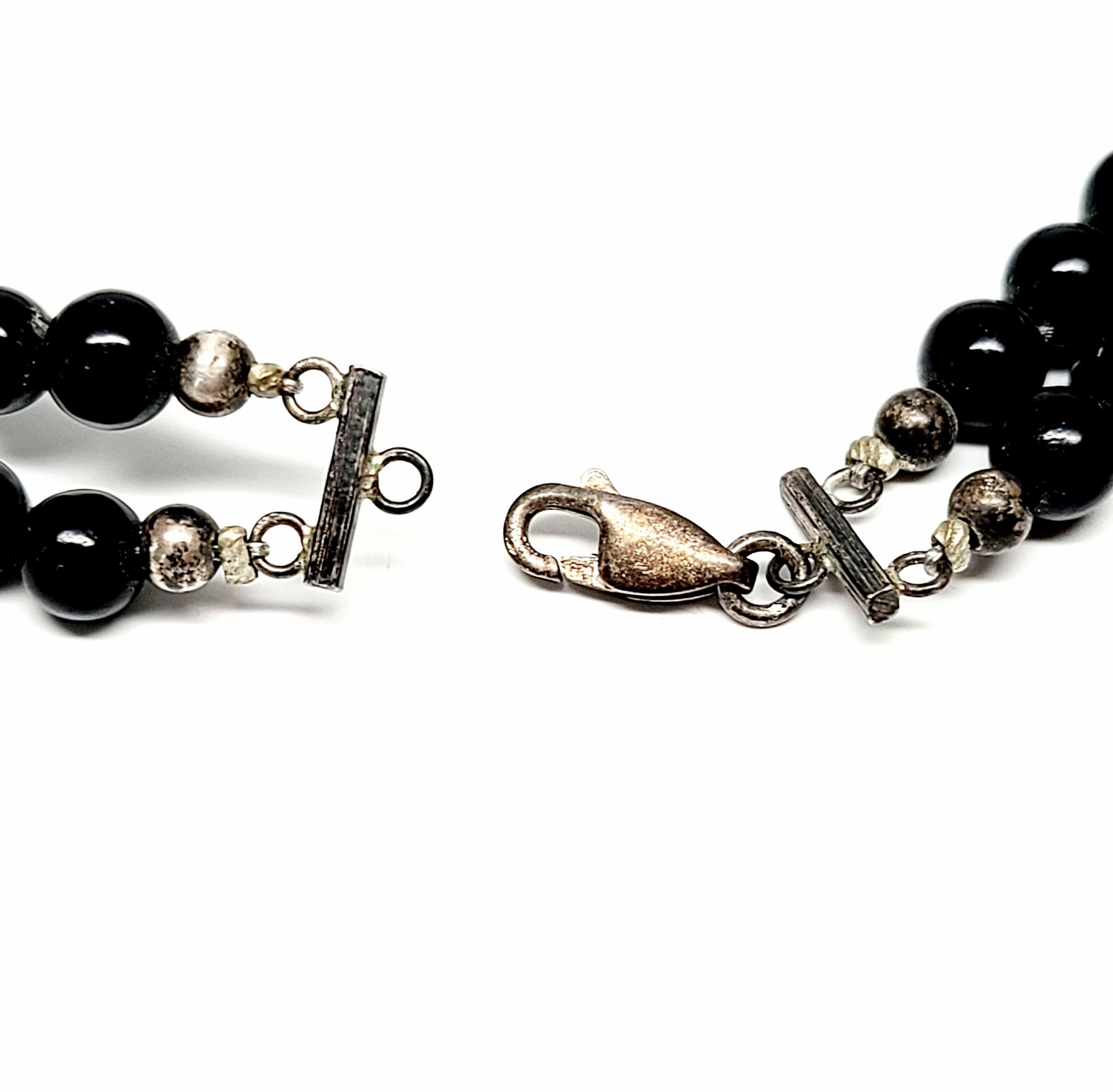 Sterling Silver Mother of Pearl and Onyx Cameo on Double-Strand Bead Necklace 3